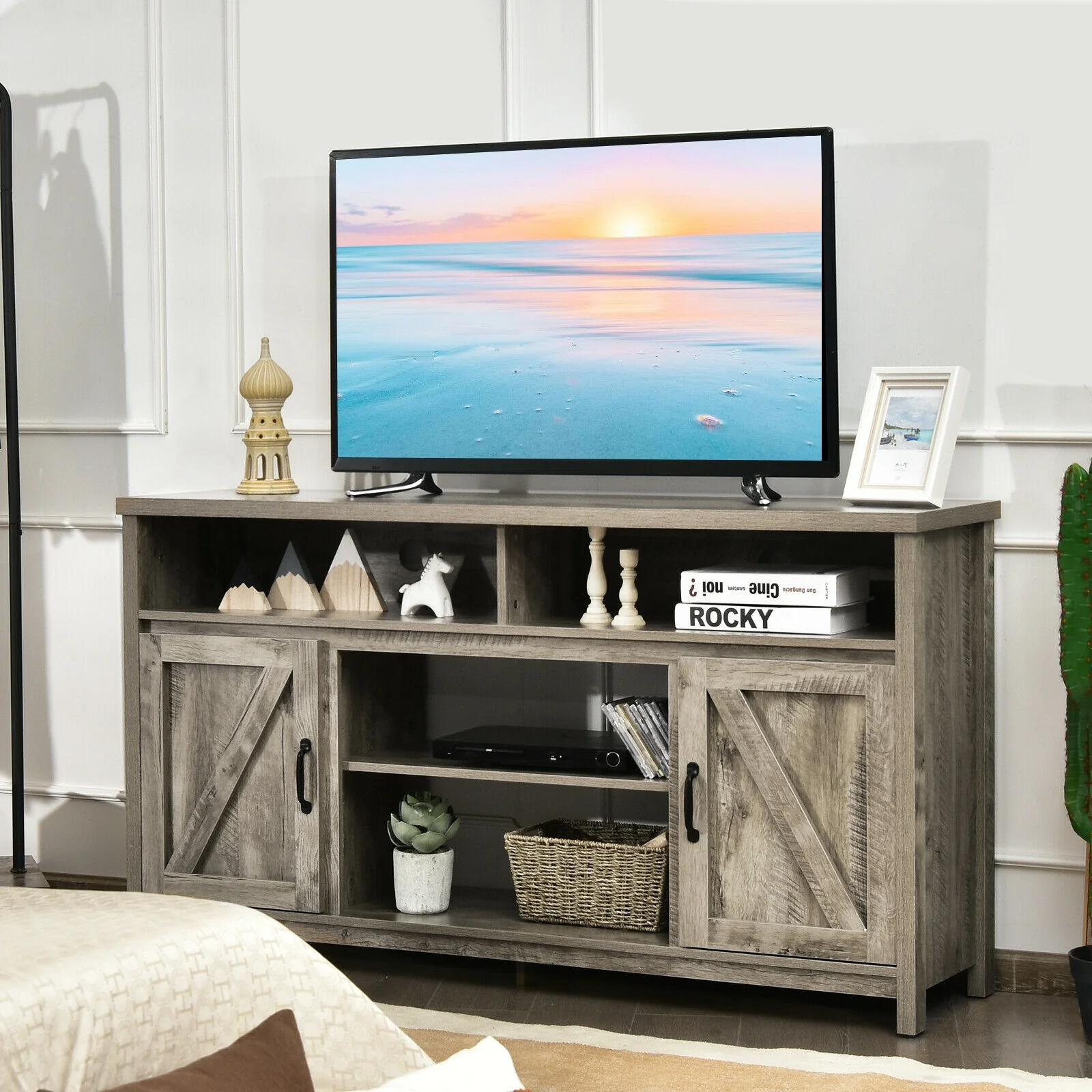 59 Inch TV Stand, Barn Door Cabinet, 65 Inch, Natural - Image 2