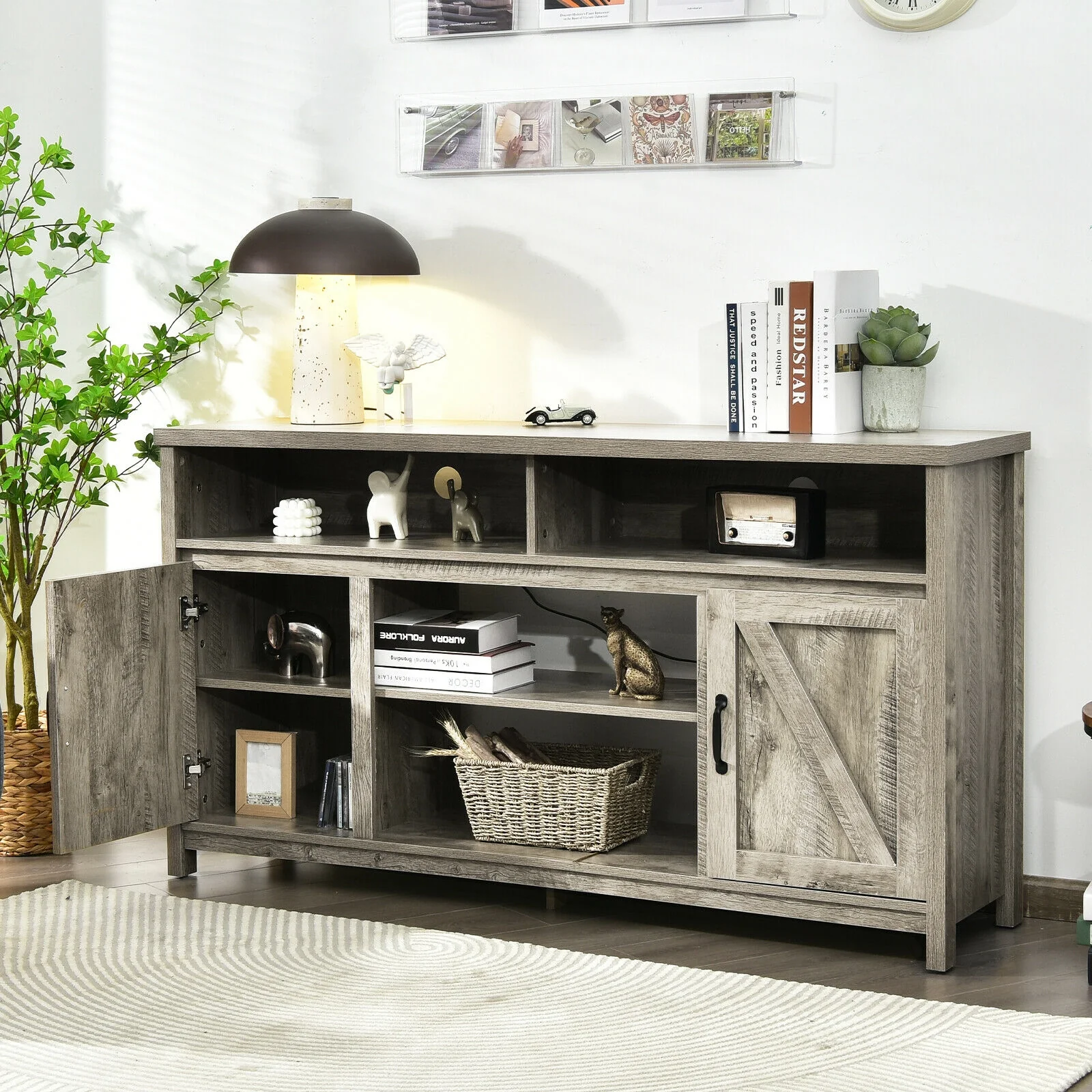 59 Inch TV Stand, Barn Door Cabinet, 65 Inch, Natural - Image 3