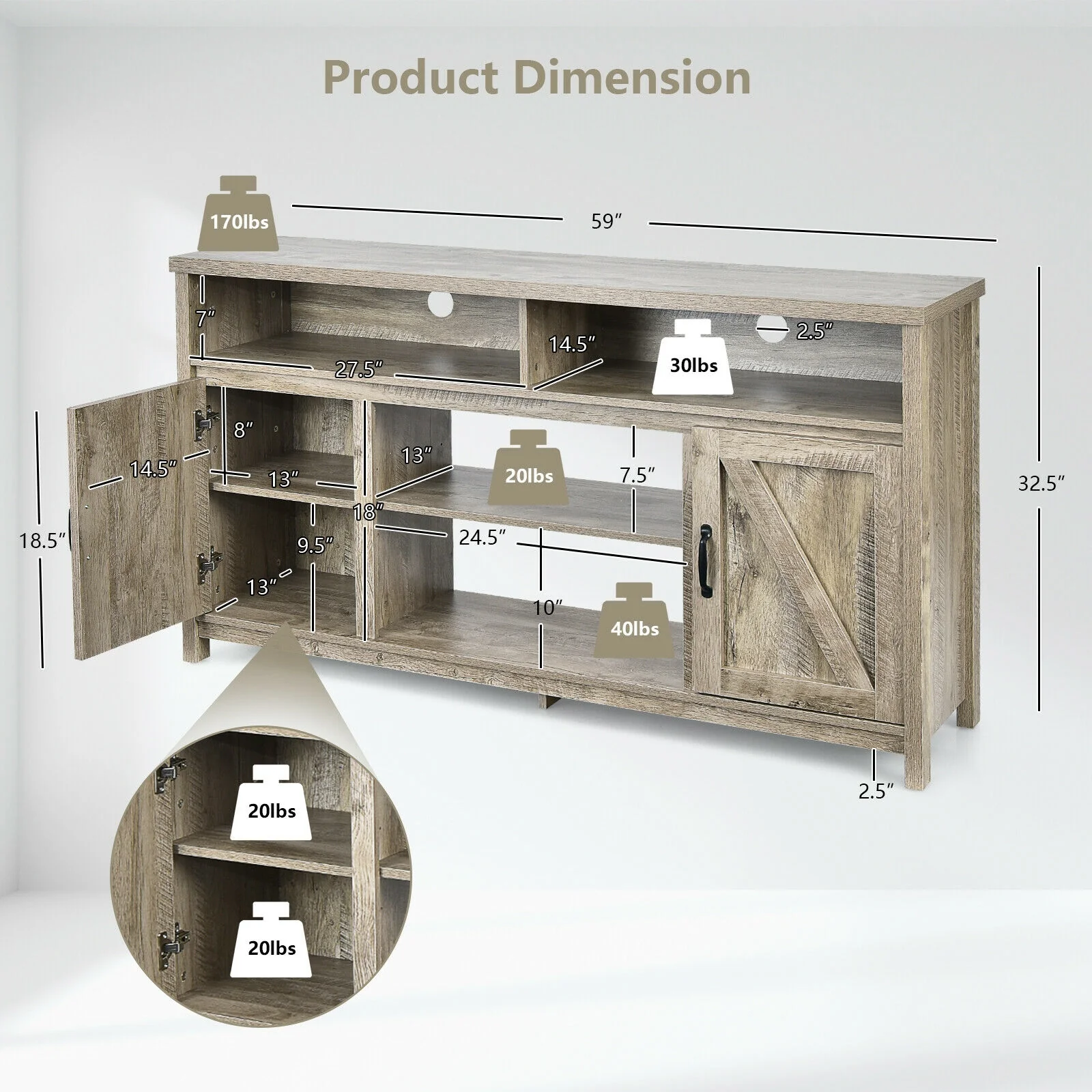 59 Inch TV Stand, Barn Door Cabinet, 65 Inch, Natural - Image 6