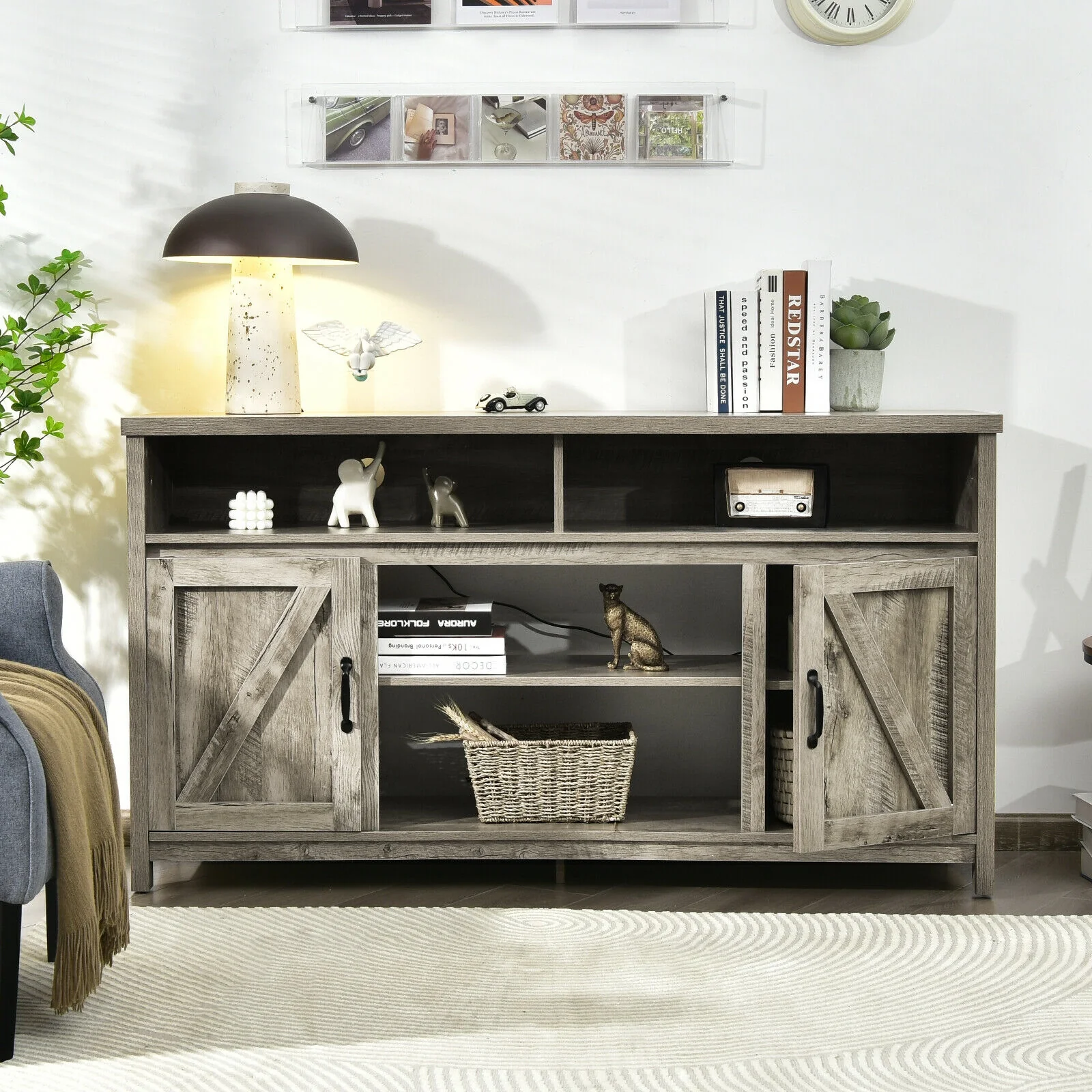 59 Inch TV Stand, Barn Door Cabinet, 65 Inch, Natural - Image 9