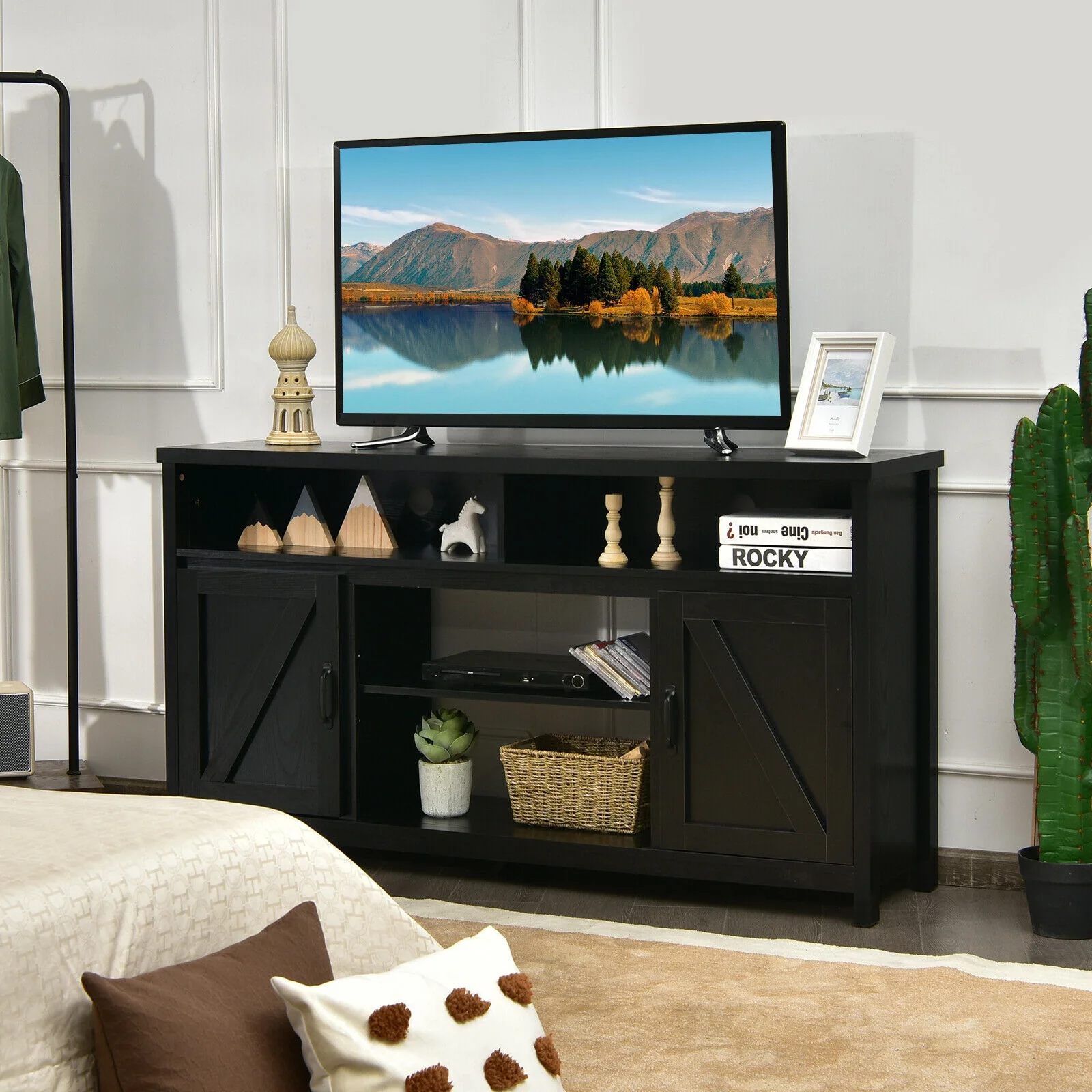 59 Inch TV Stand, Media Console, Barn Door, For 65 Inch TVs, Black - Image 2