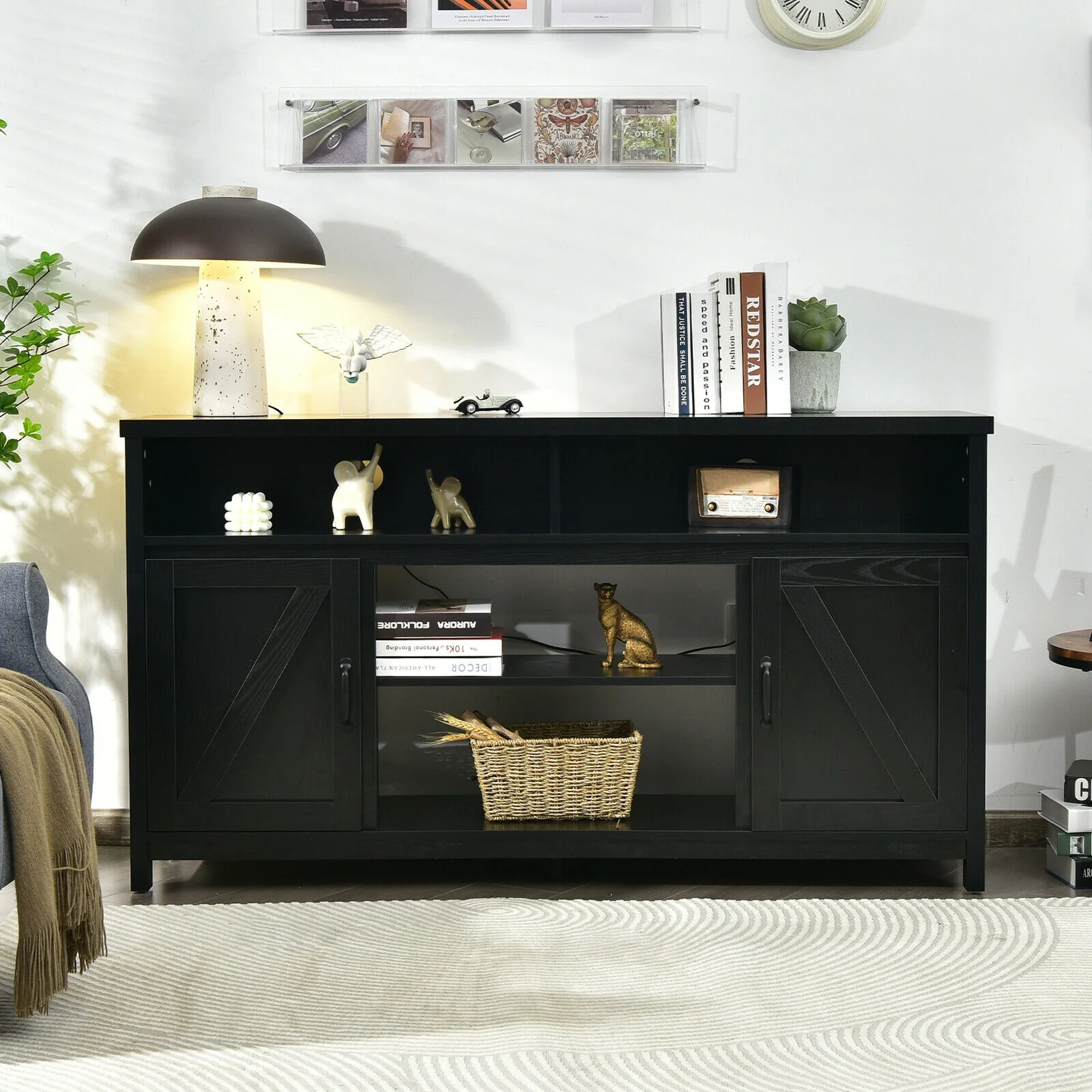 59 Inch TV Stand, Media Console, Barn Door, For 65 Inch TVs, Black - Image 3