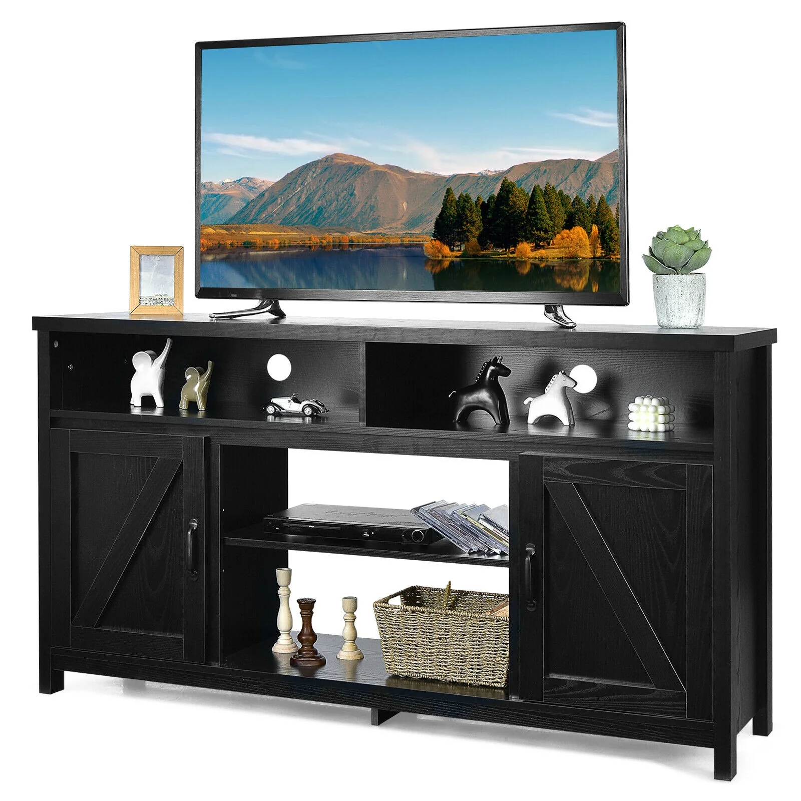 59 Inch TV Stand, Media Console, Barn Door, For 65 Inch TVs, Black - Image 5