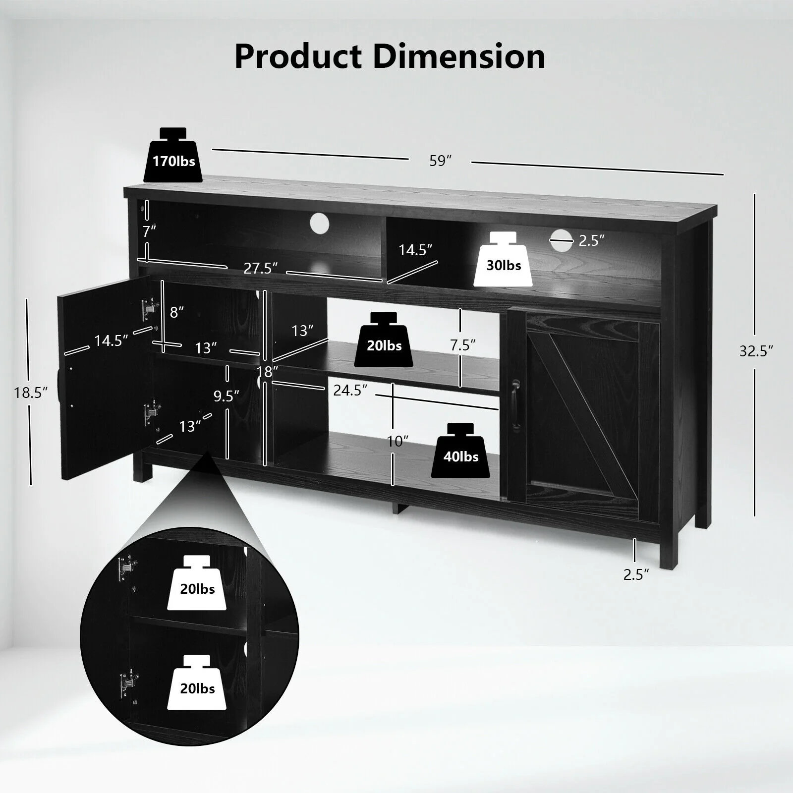 59 Inch TV Stand, Media Console, Barn Door, For 65 Inch TVs, Black - Image 6