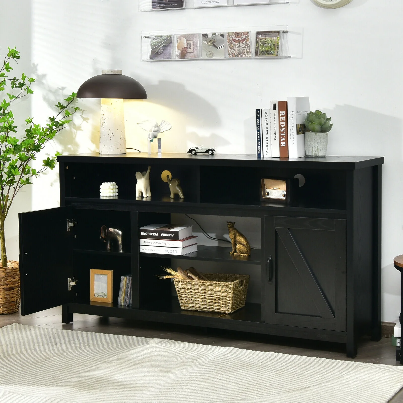 59 Inch TV Stand, Media Console, Barn Door, For 65 Inch TVs, Black - Image 9