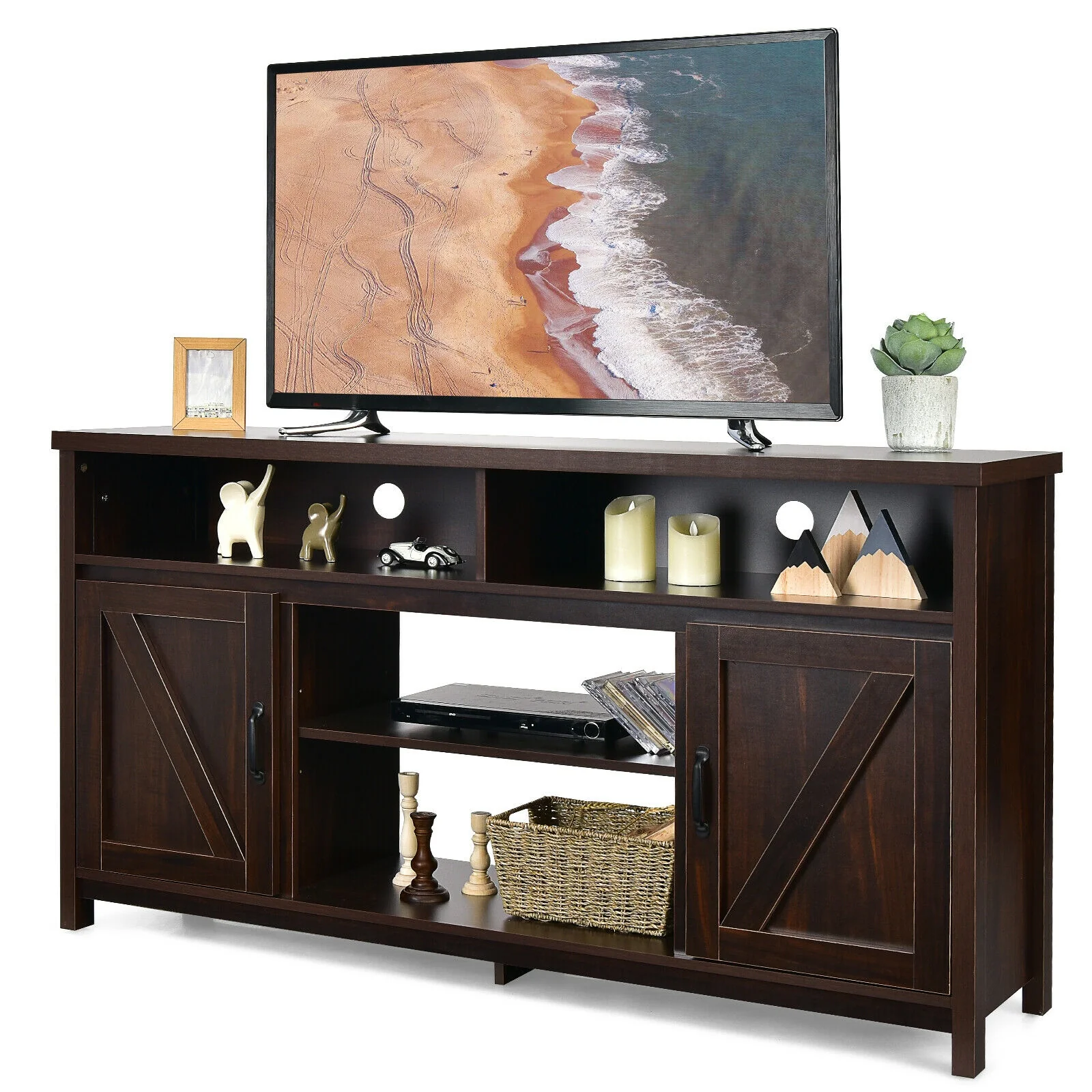 59 Inch TV Stand Media Console Cabinet, Barn Door, Brown - Image 10