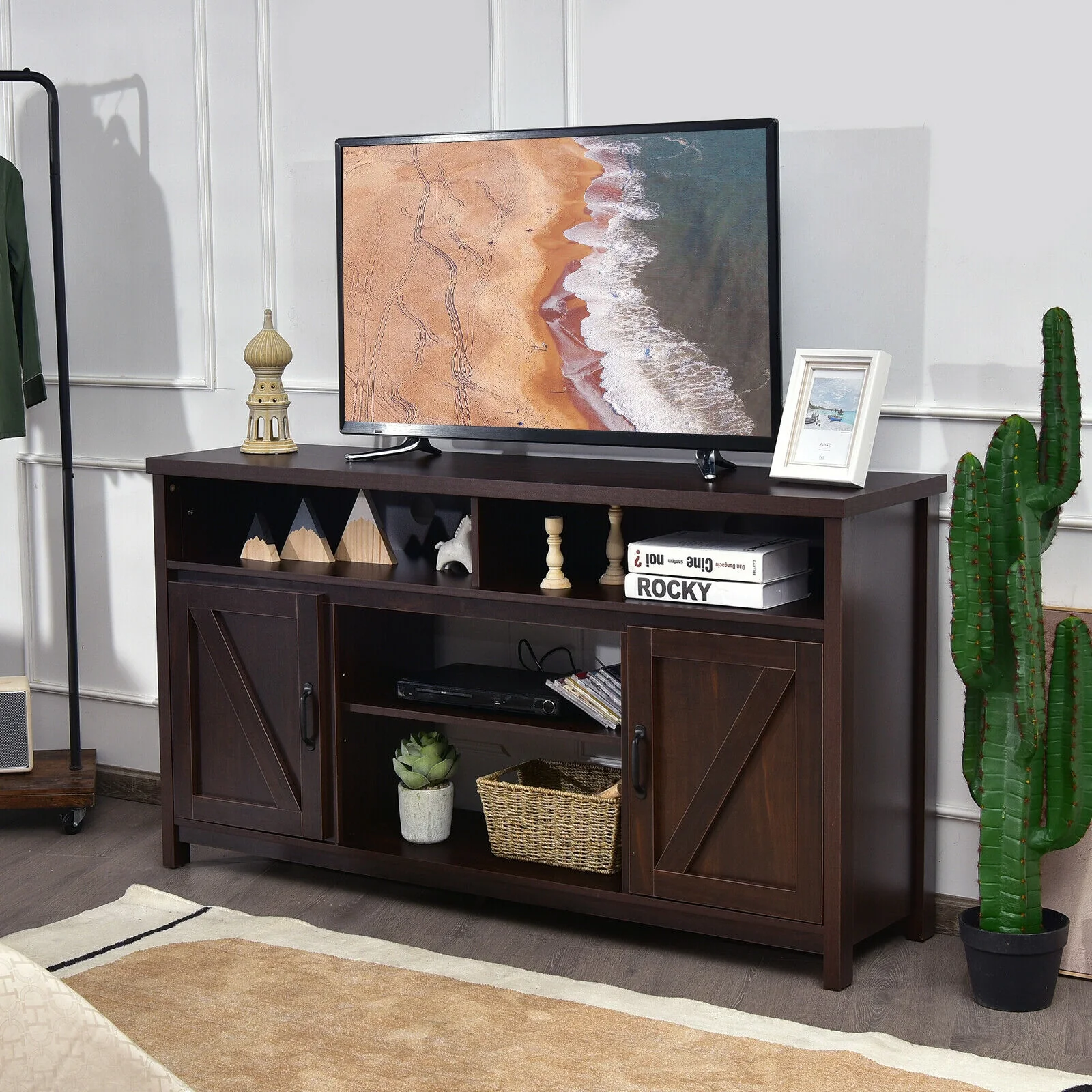 59 Inch TV Stand Media Console Cabinet, Barn Door, Brown - Image 2