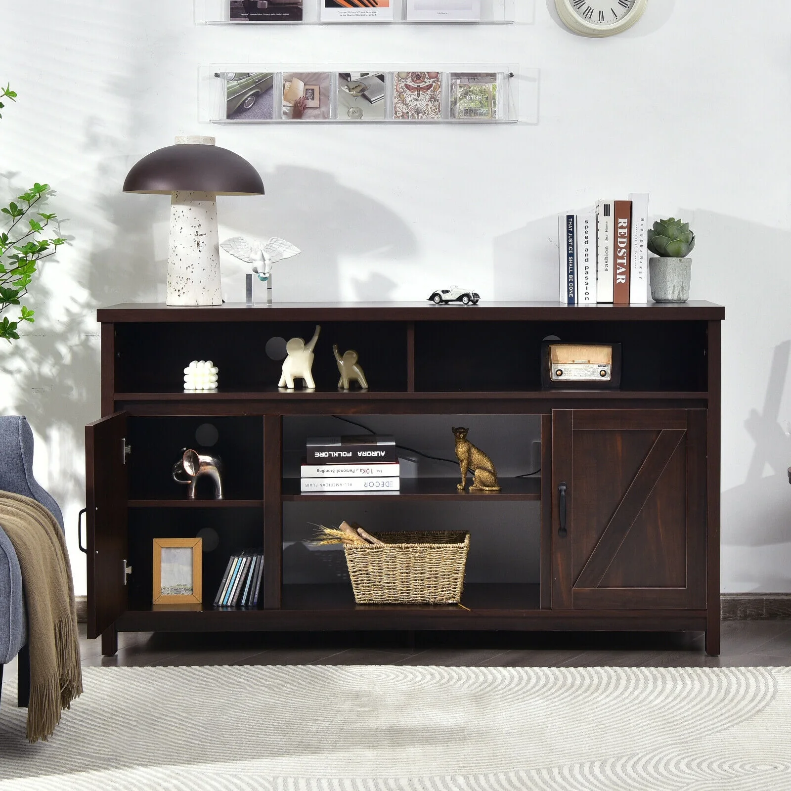 59 Inch TV Stand Media Console Cabinet, Barn Door, Brown - Image 3