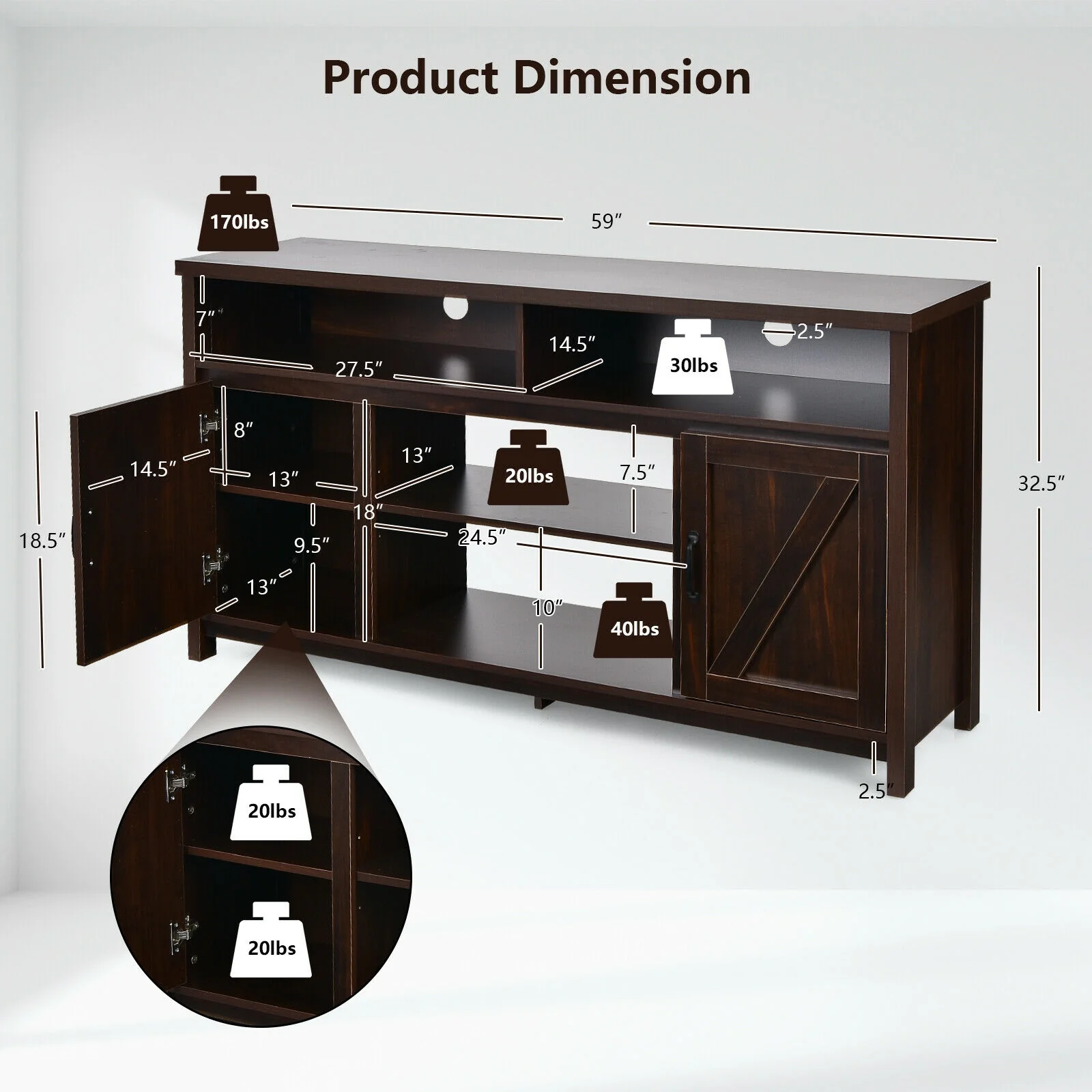 59 Inch TV Stand Media Console Cabinet, Barn Door, Brown - Image 6