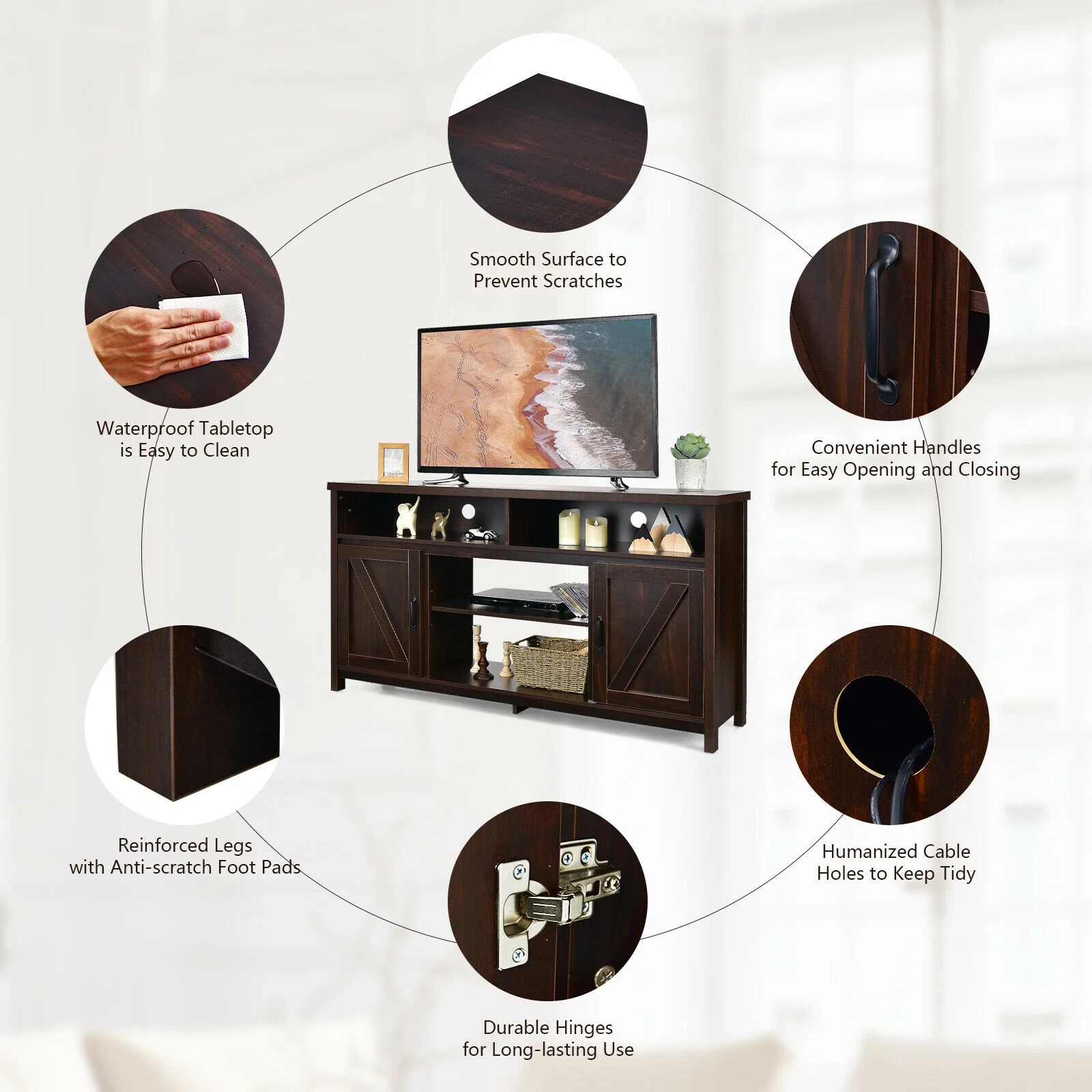 59 Inch TV Stand Media Console Cabinet, Barn Door, Brown - Image 8
