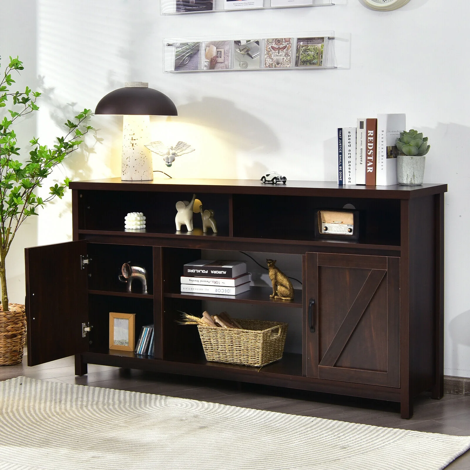 59 Inch TV Stand Media Console Cabinet, Barn Door, Brown - Image 9