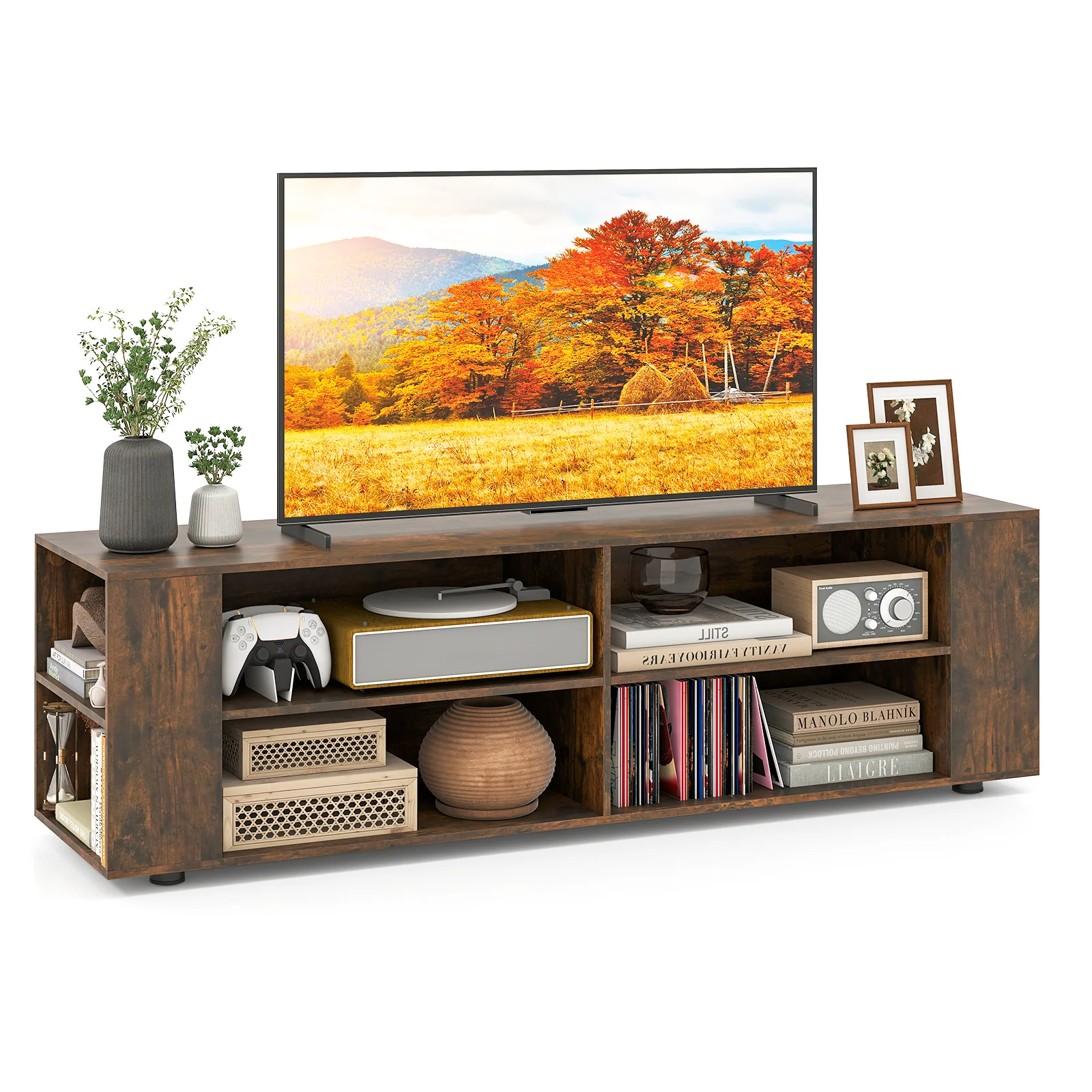 59 Inch Walnut Wood TV Stand, Console Storage Entertainment Media
