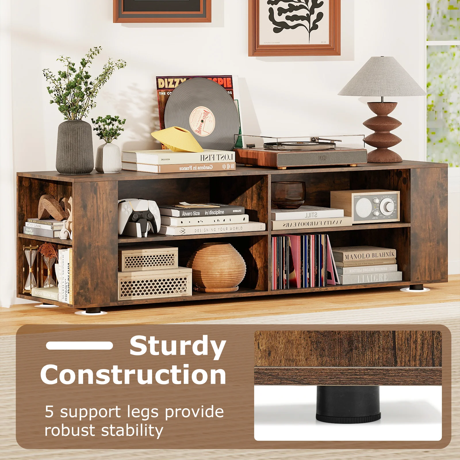 59 Inch Walnut Wood TV Stand, Console Storage Entertainment Media - Image 10