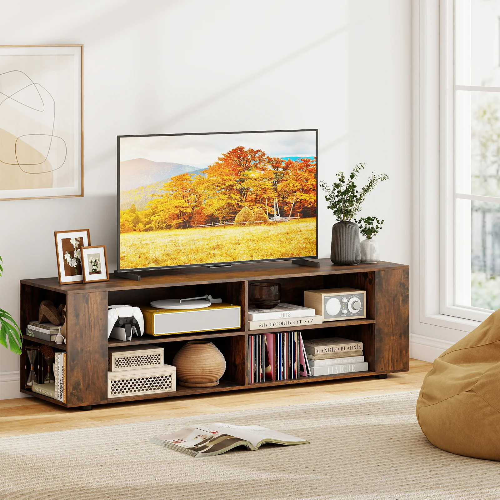 59 Inch Walnut Wood TV Stand, Console Storage Entertainment Media - Image 2