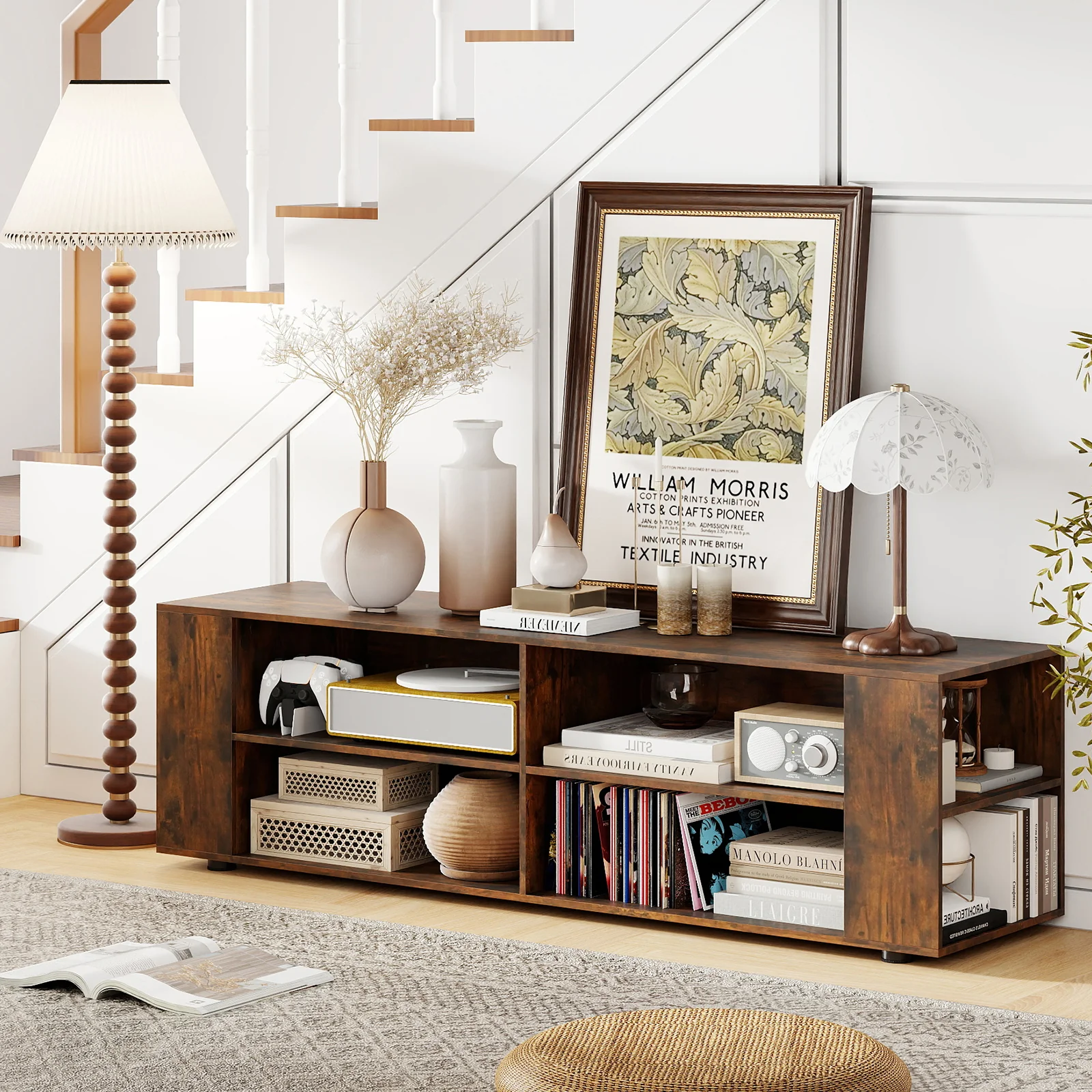 59 Inch Walnut Wood TV Stand, Console Storage Entertainment Media - Image 3