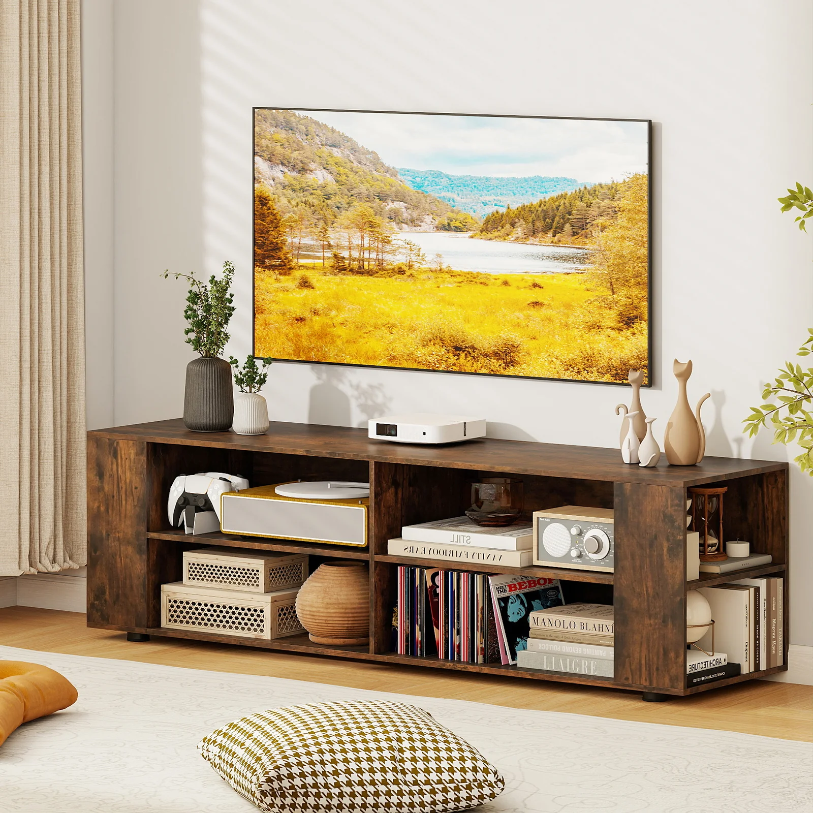 59 Inch Walnut Wood TV Stand, Console Storage Entertainment Media - Image 7