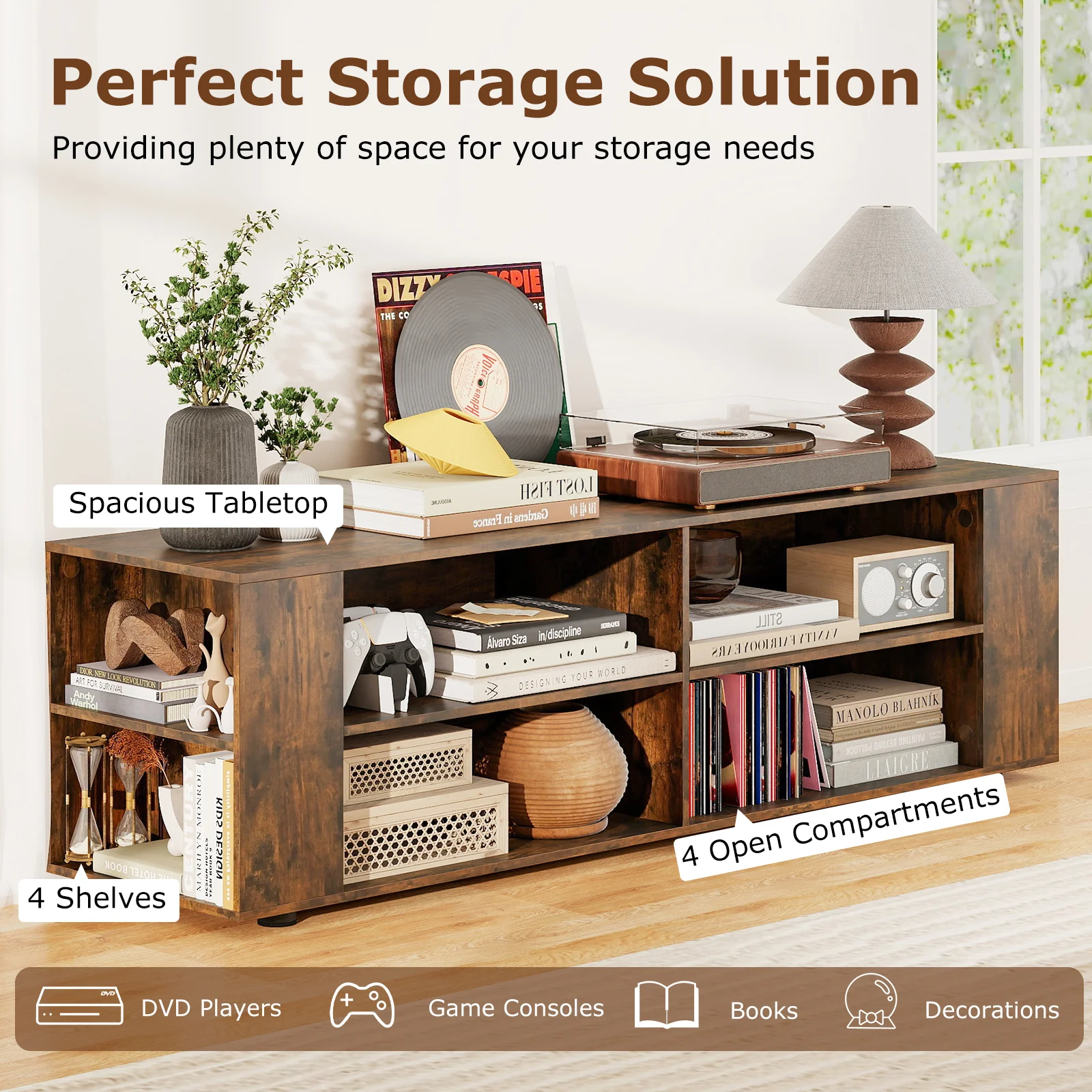59 Inch Walnut Wood TV Stand, Console Storage Entertainment Media - Image 8