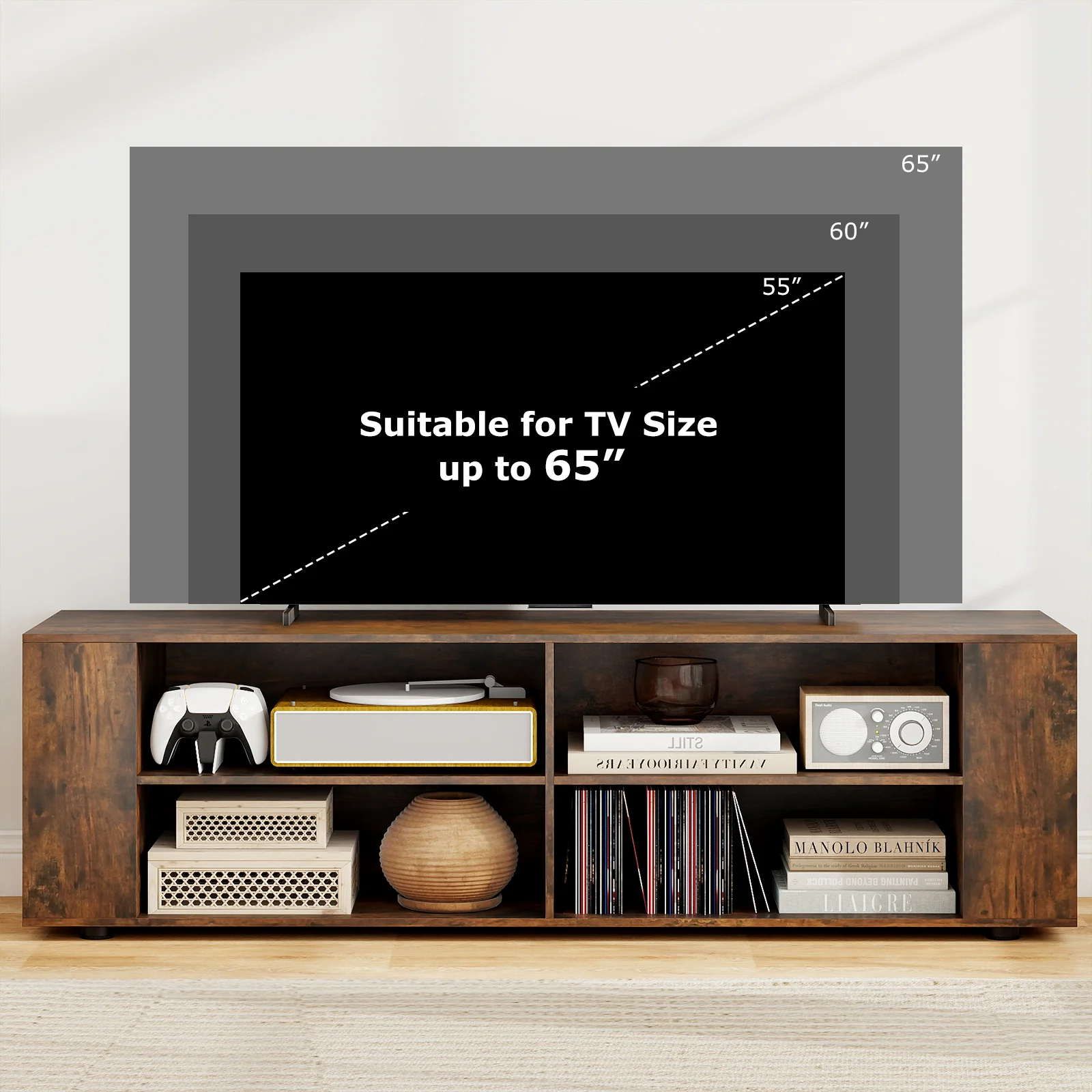 59 Inch Walnut Wood TV Stand, Console Storage Entertainment Media - Image 9