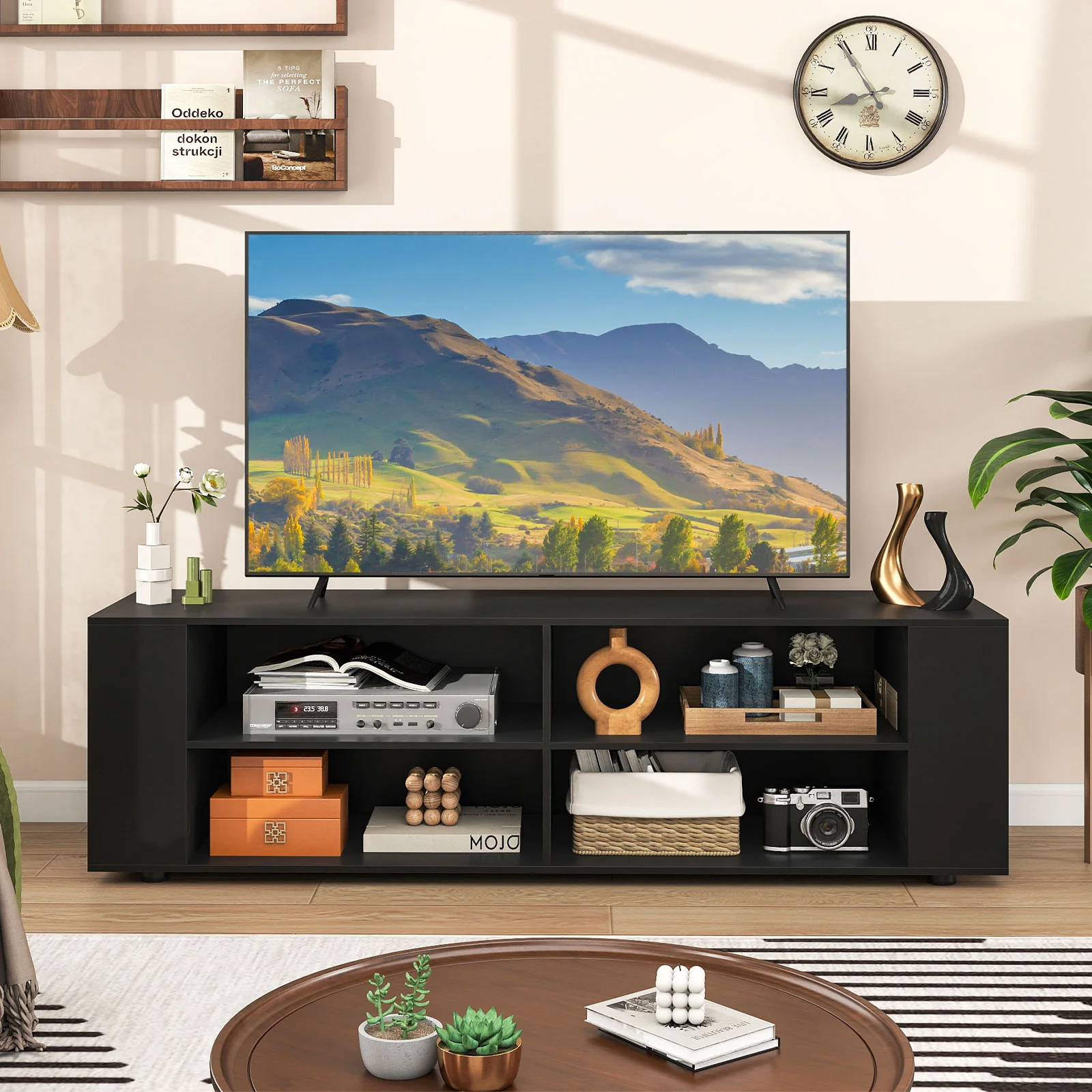 59 Inch Wood TV Stand, Console Storage Entertainment Media, Black - Image 2