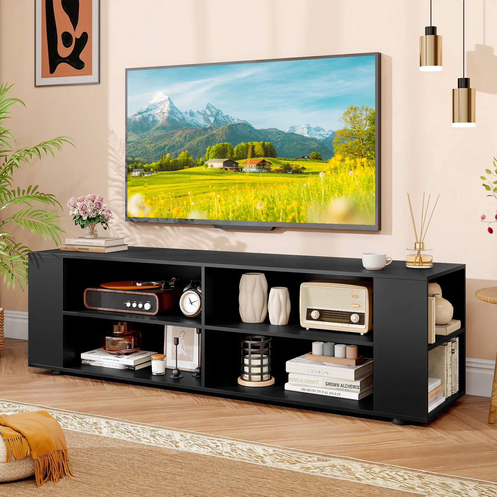 59 Inch Wood TV Stand, Console Storage Entertainment Media, Black - Image 3