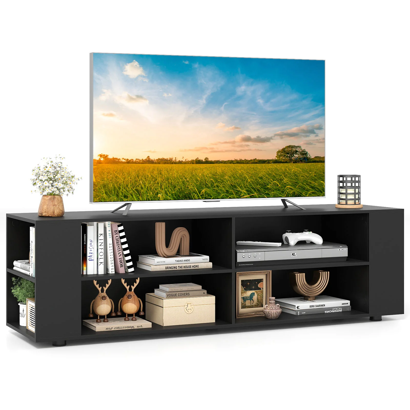 59 Inch Wood TV Stand, Console Storage Entertainment Media, Black - Image 4