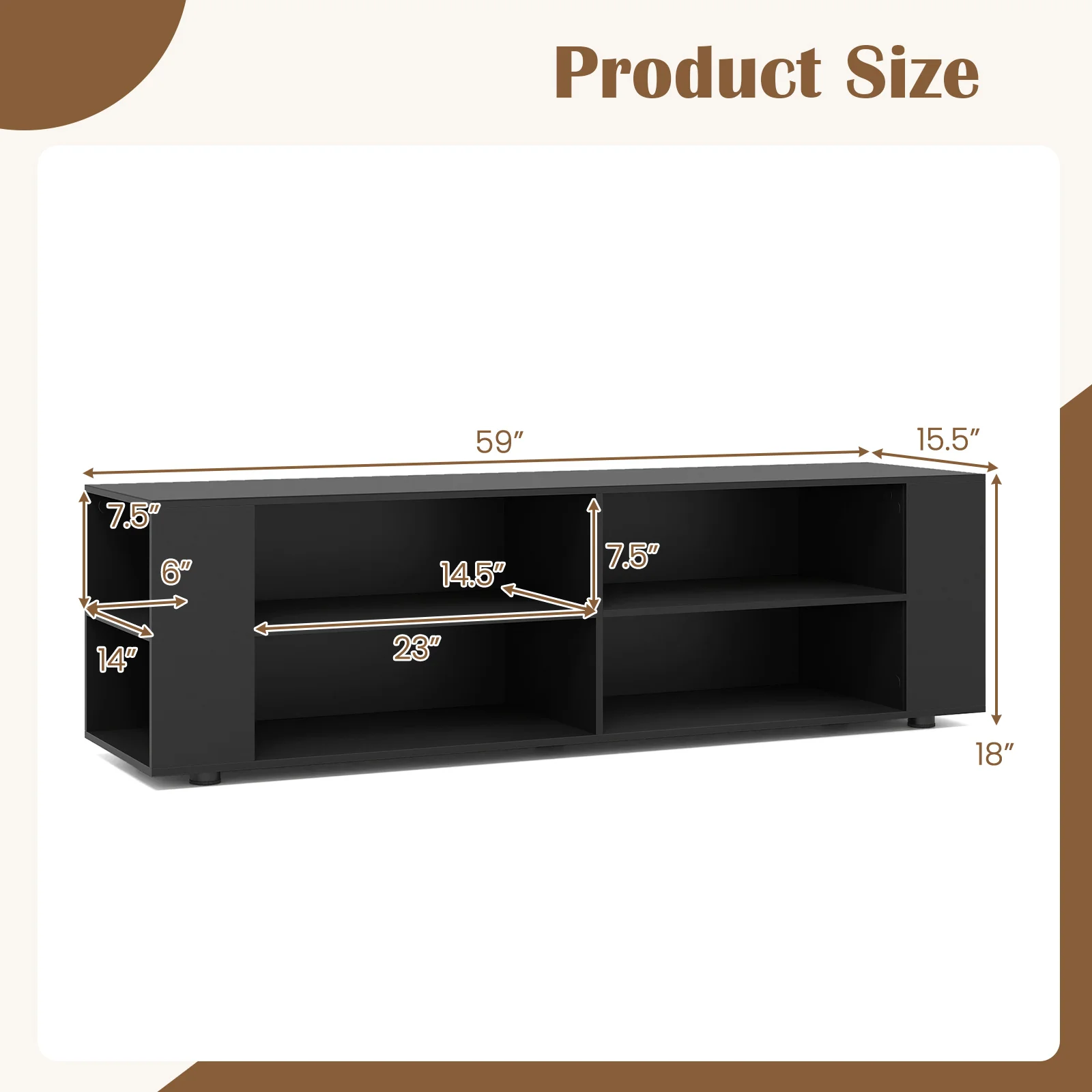 59 Inch Wood TV Stand, Console Storage Entertainment Media, Black - Image 6