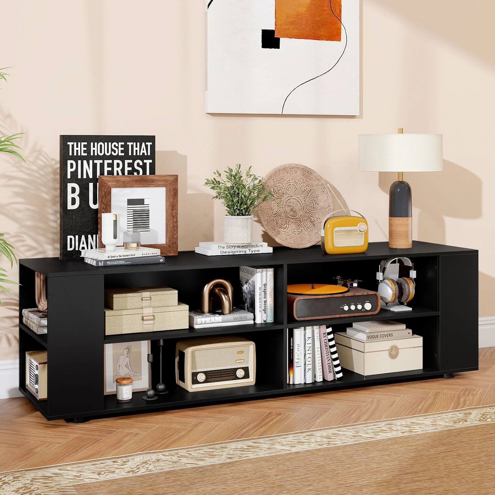 59 Inch Wood TV Stand, Console Storage Entertainment Media, Black - Image 7