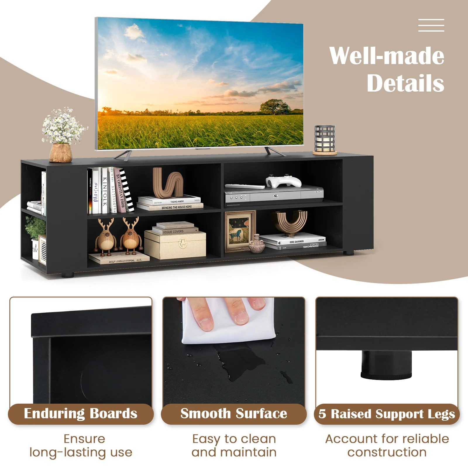 59 Inch Wood TV Stand, Console Storage Entertainment Media, Black - Image 8