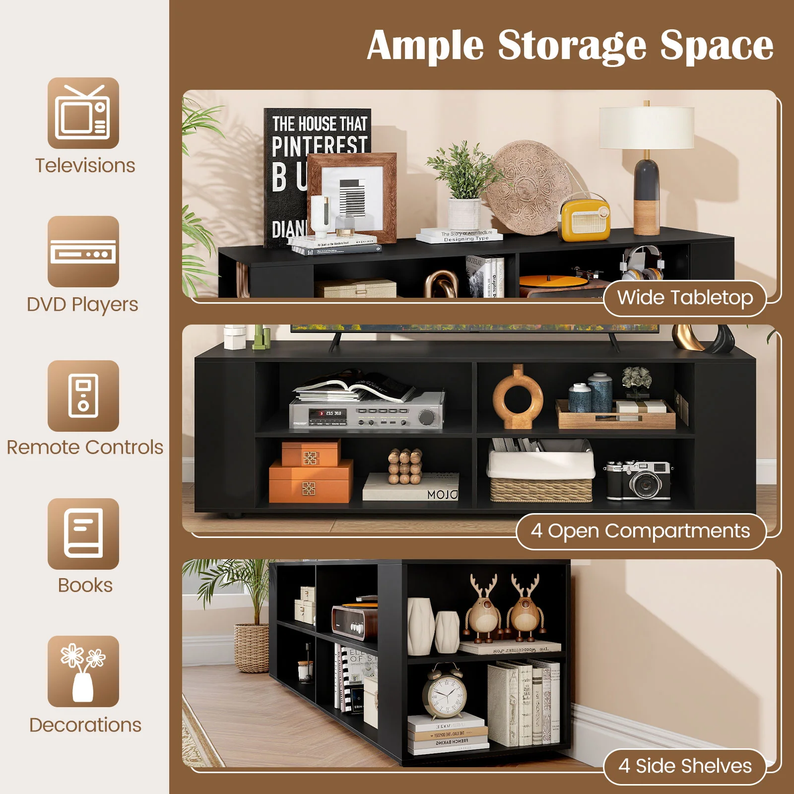 59 Inch Wood TV Stand, Console Storage Entertainment Media, Black - Image 9