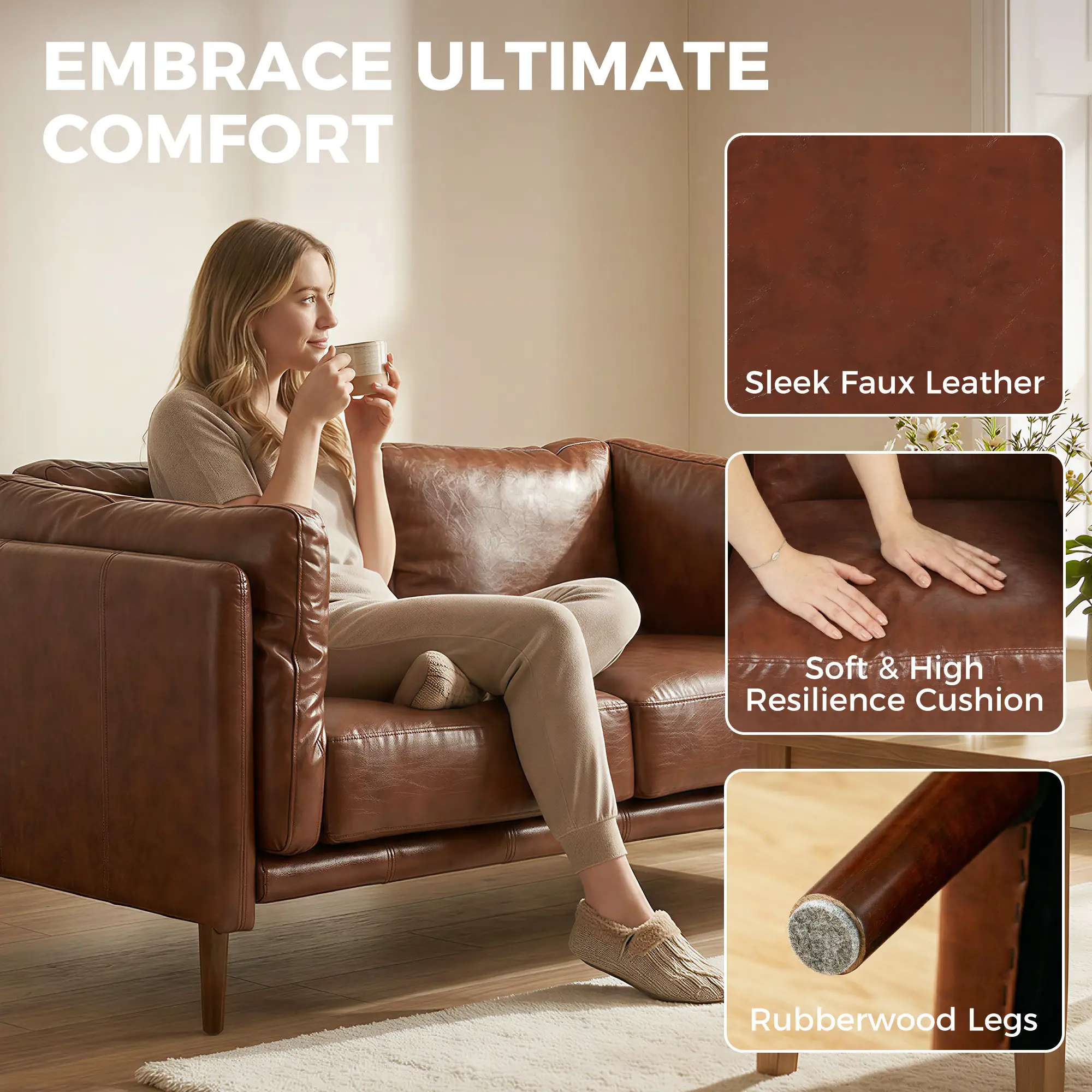59" Loveseat Sofa, PU Leather 2 Seater with Wide Seat, Brown - Image 4