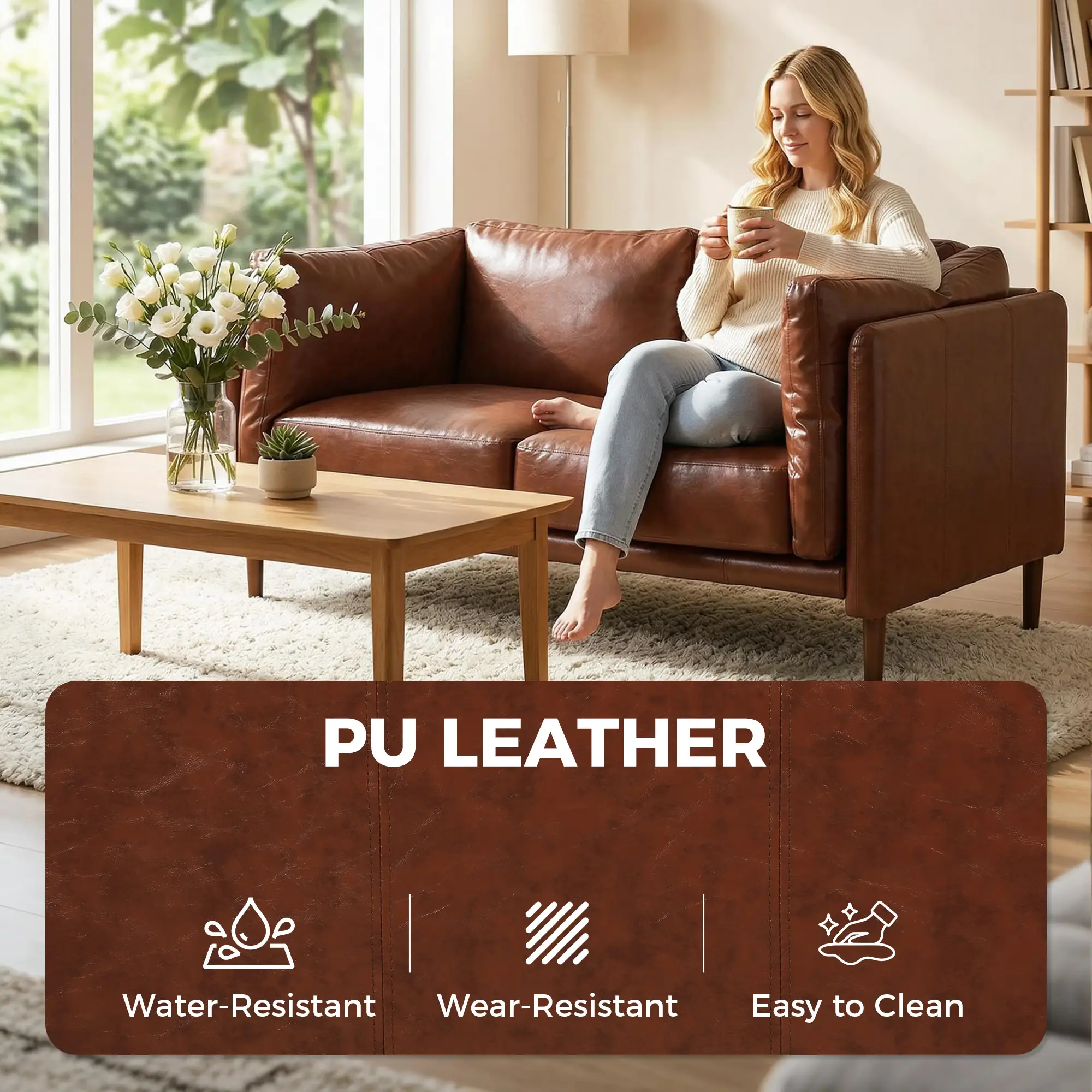 59" Loveseat Sofa, PU Leather 2 Seater with Wide Seat, Brown - Image 5
