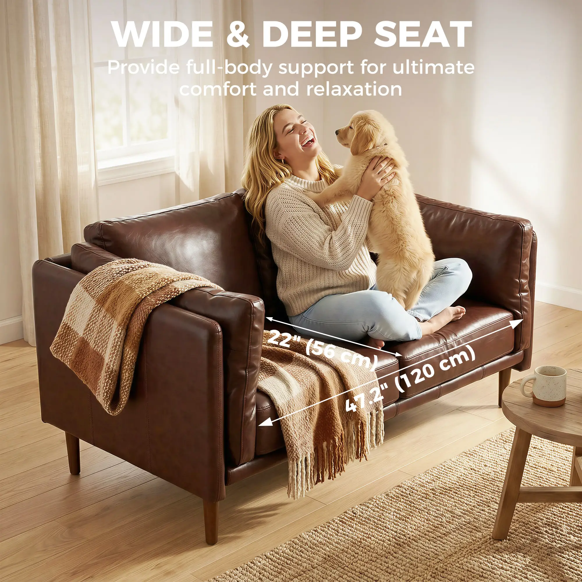 59" Loveseat Sofa, PU Leather 2 Seater with Wide Seat, Brown - Image 6