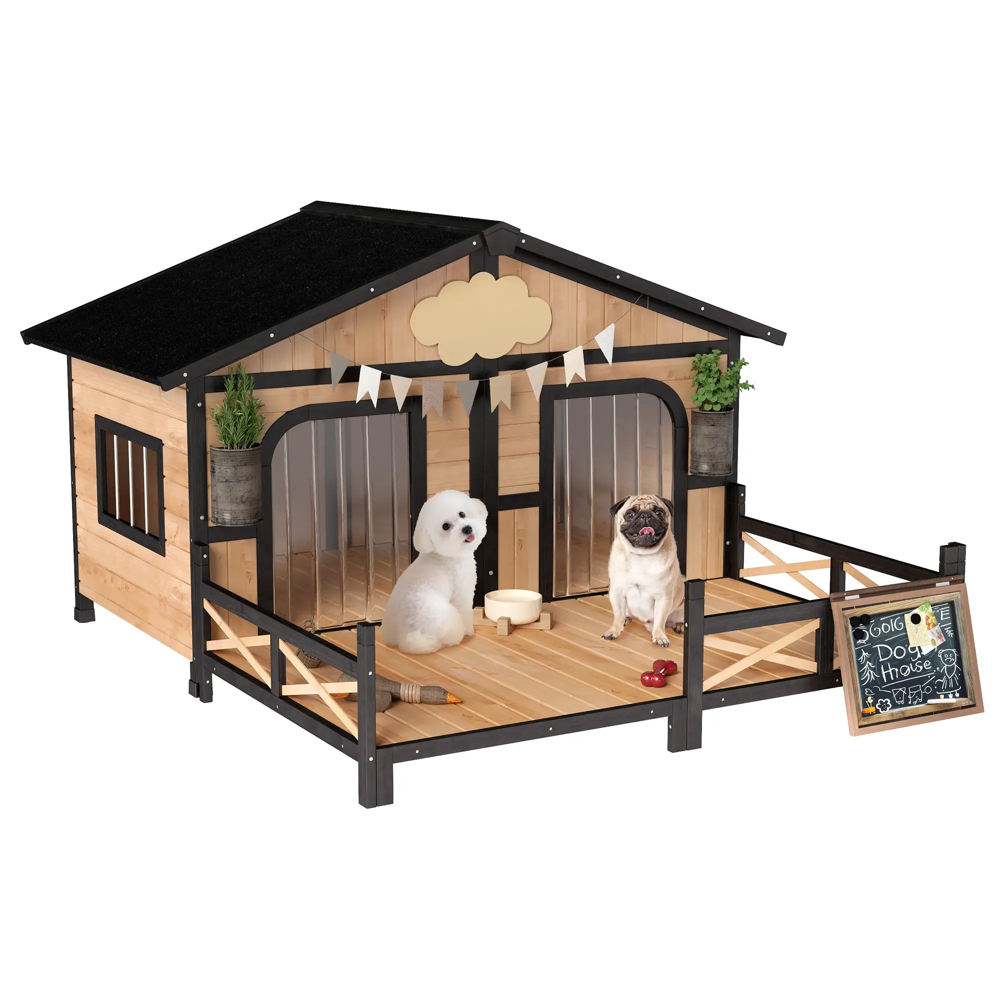 59"x64"x39" Wood Dog House, Outdoor Cabin-Style, Elevated Pet Shelter, Beige