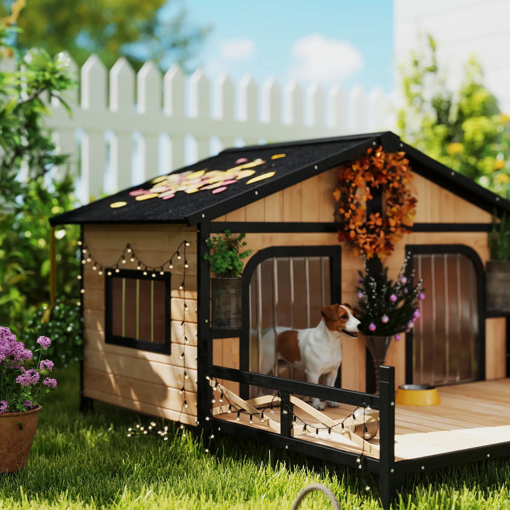59"x64"x39" Wood Dog House, Outdoor Cabin-Style, Elevated Pet Shelter, Beige - Image 10