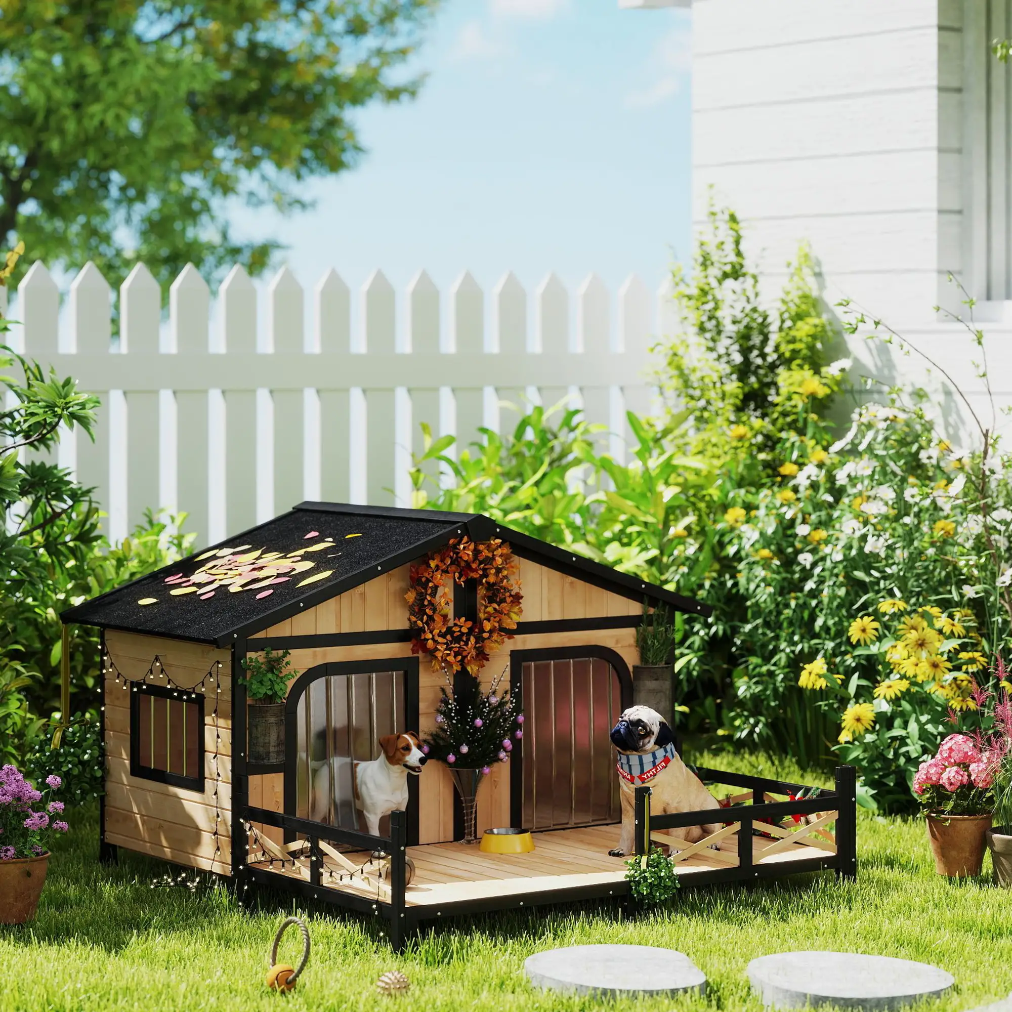 59"x64"x39" Wood Dog House, Outdoor Cabin-Style, Elevated Pet Shelter, Beige - Image 2