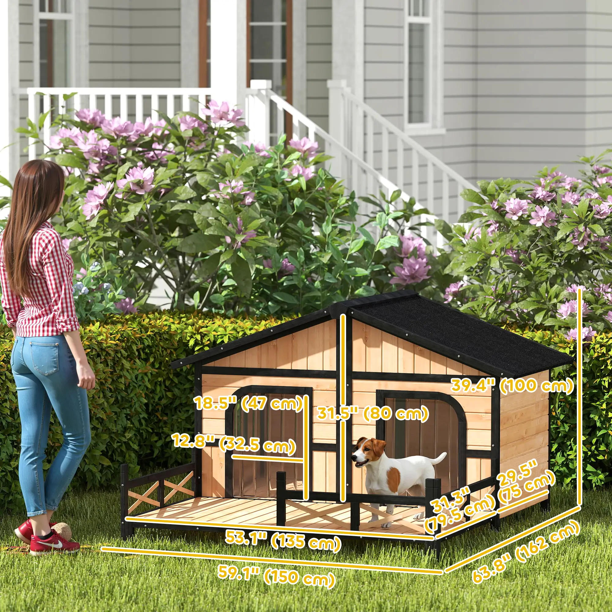 59"x64"x39" Wood Dog House, Outdoor Cabin-Style, Elevated Pet Shelter, Beige - Image 3