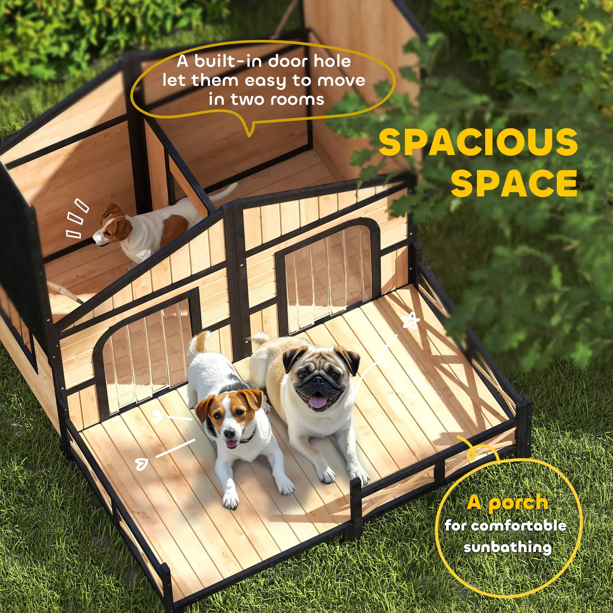 59"x64"x39" Wood Dog House, Outdoor Cabin-Style, Elevated Pet Shelter, Beige - Image 4