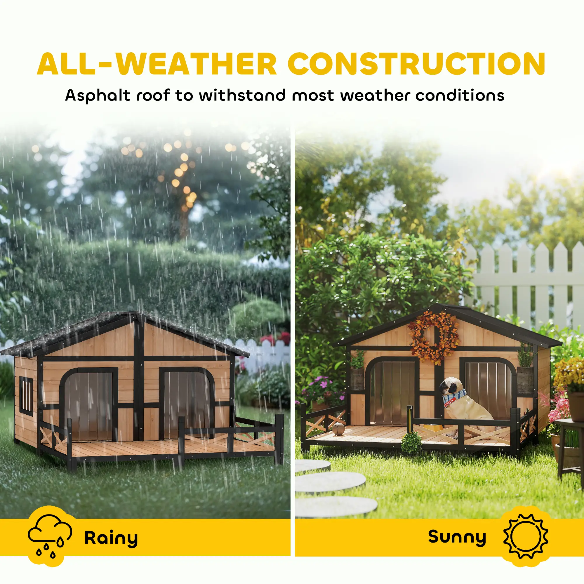 59"x64"x39" Wood Dog House, Outdoor Cabin-Style, Elevated Pet Shelter, Beige - Image 5