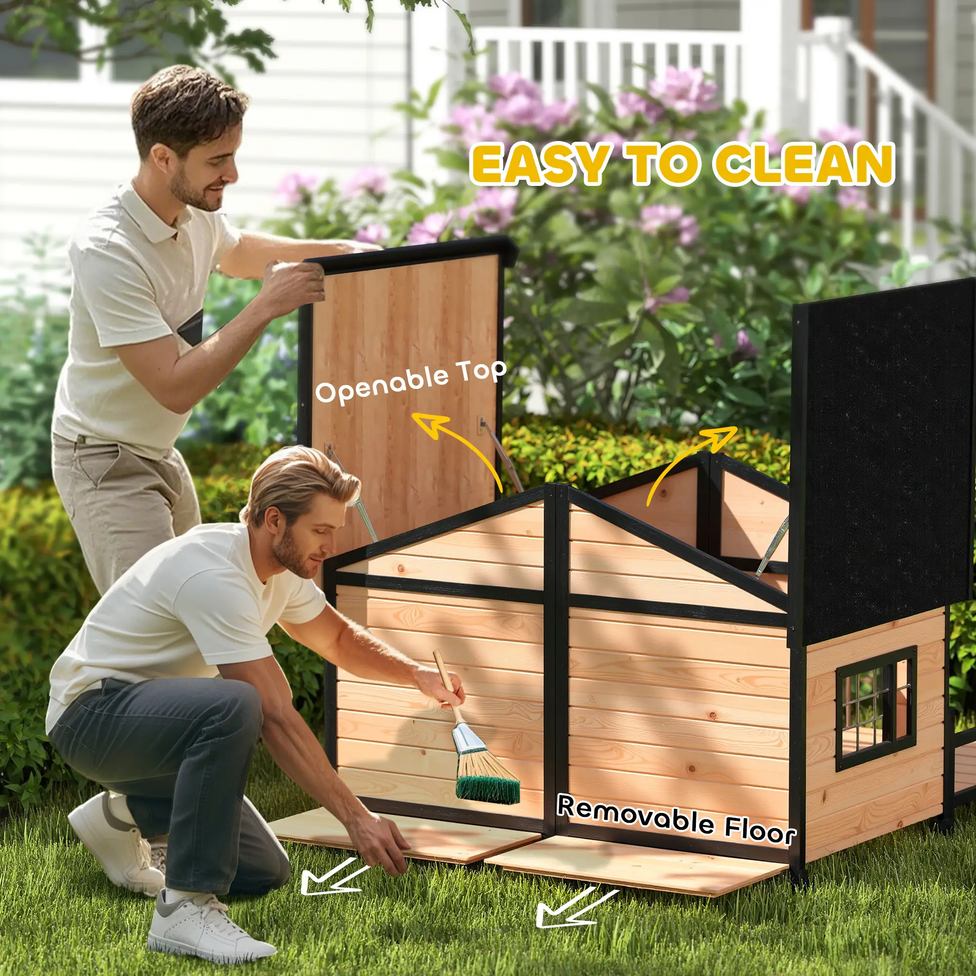 59"x64"x39" Wood Dog House, Outdoor Cabin-Style, Elevated Pet Shelter, Beige - Image 6