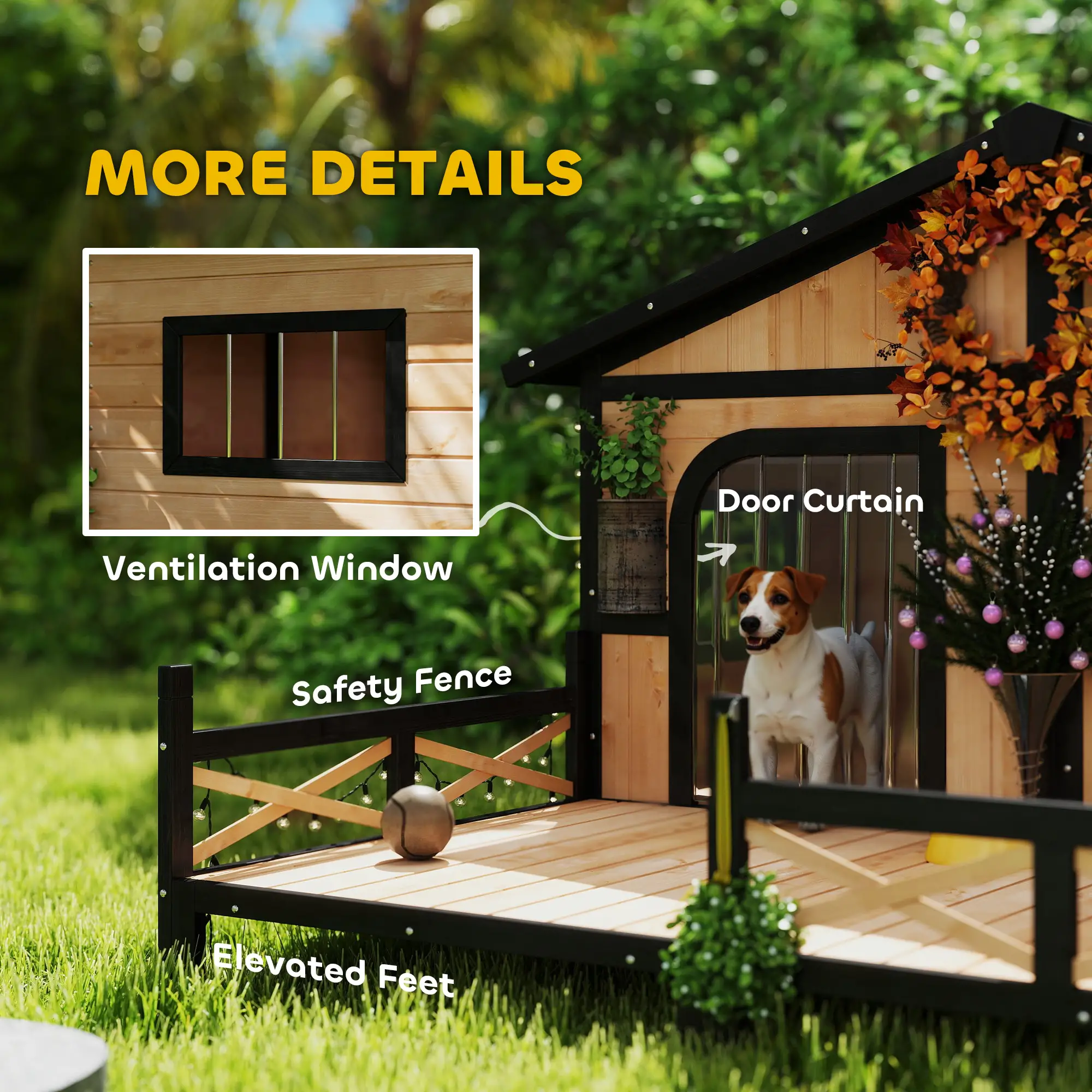 59"x64"x39" Wood Dog House, Outdoor Cabin-Style, Elevated Pet Shelter, Beige - Image 7