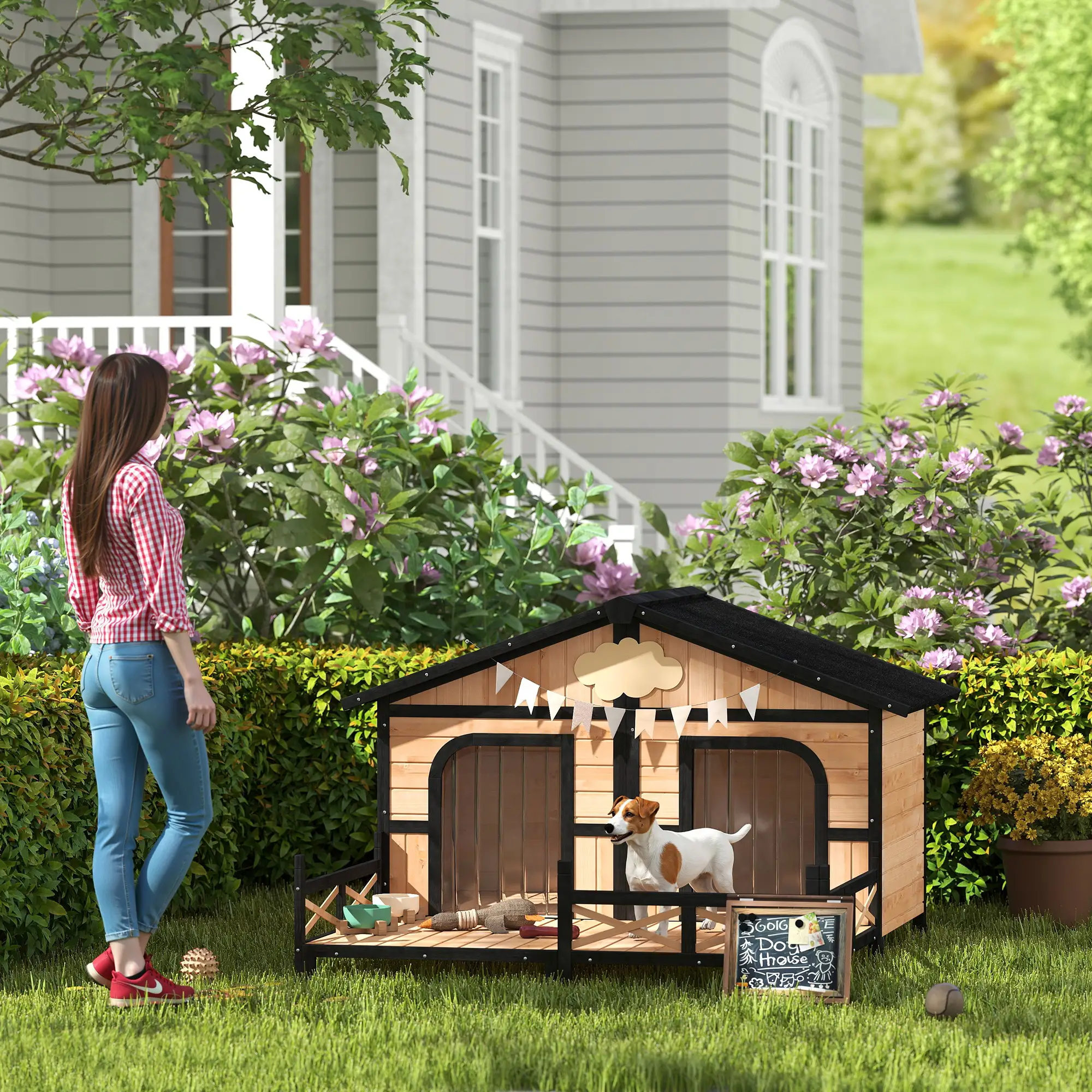 59"x64"x39" Wood Dog House, Outdoor Cabin-Style, Elevated Pet Shelter, Beige - Image 8
