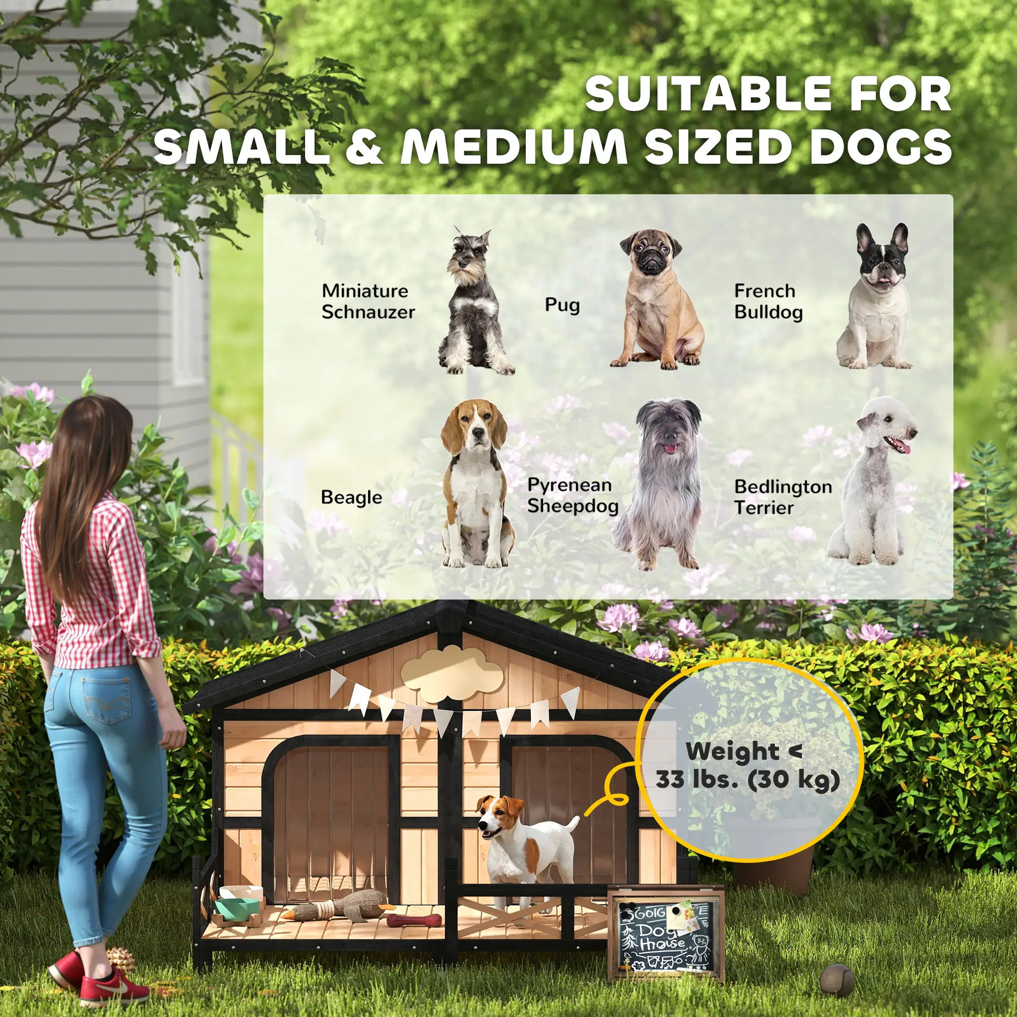 59"x64"x39" Wood Dog House, Outdoor Cabin-Style, Elevated Pet Shelter, Beige - Image 9
