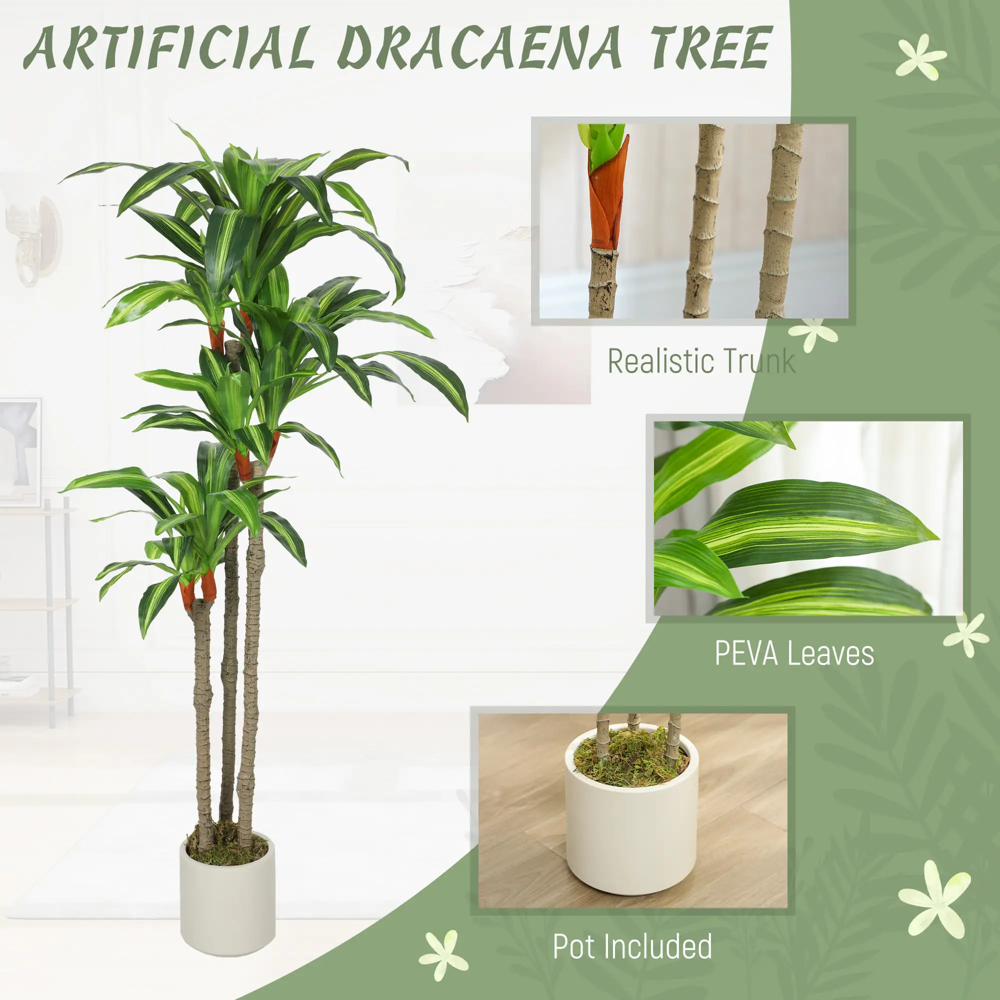 5FT Artificial Dracaena Plant, Bendable Trunks, Green - Image 4