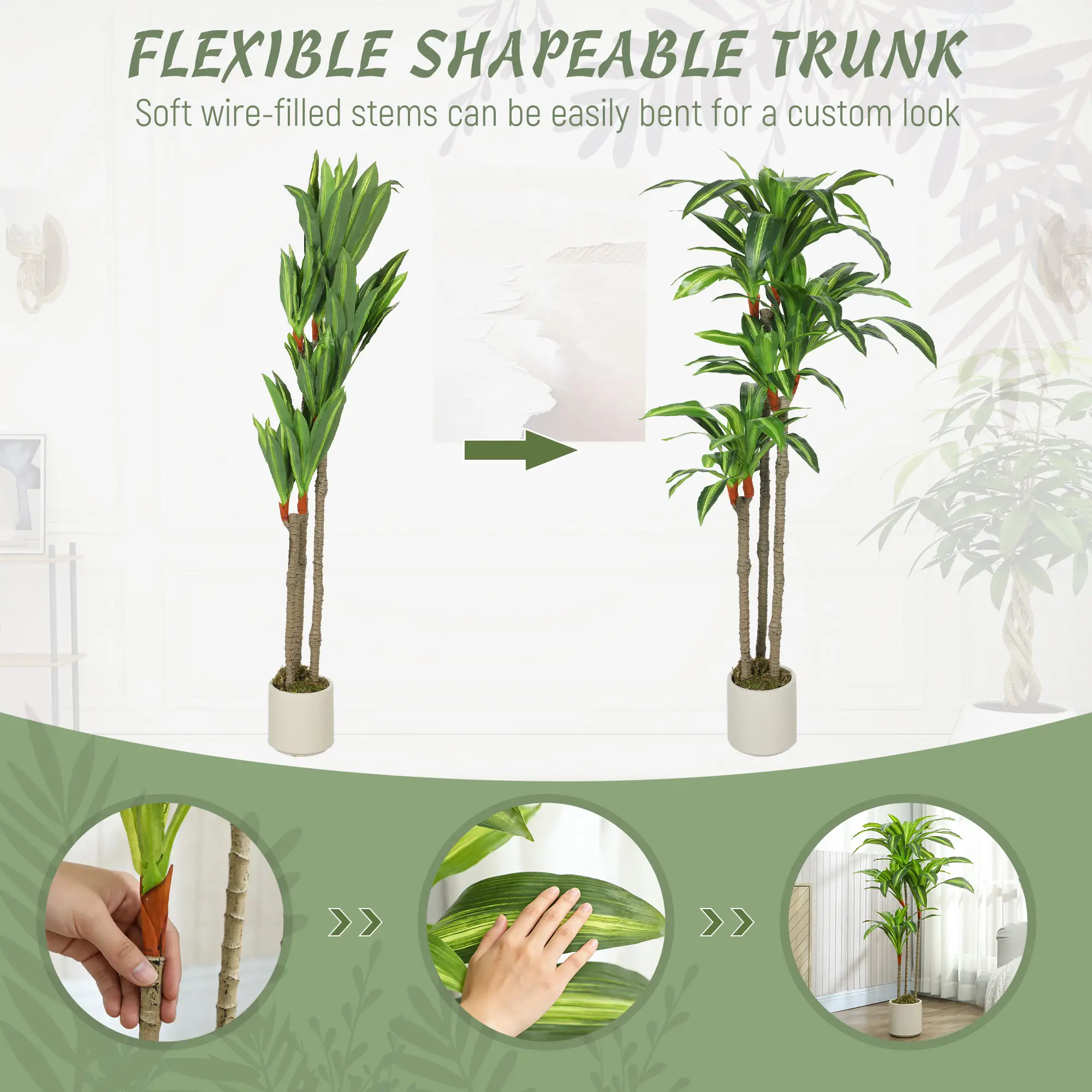 5FT Artificial Dracaena Plant, Bendable Trunks, Green - Image 6