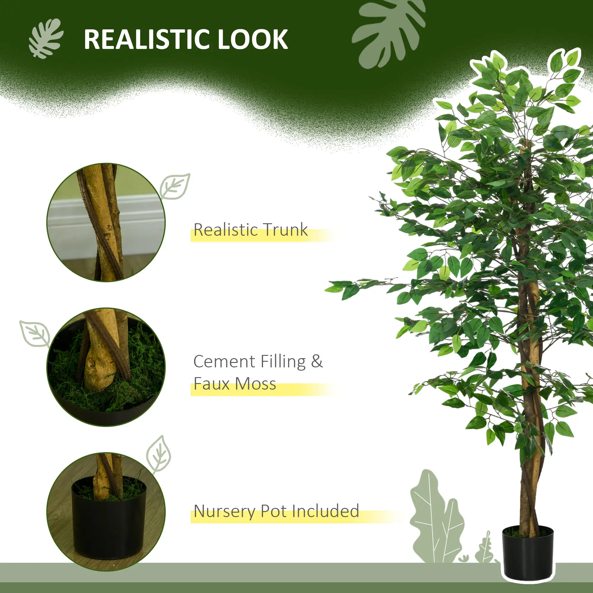 5ft Artificial Ficus Tree, Indoor Fake Plant With Pot - Image 4