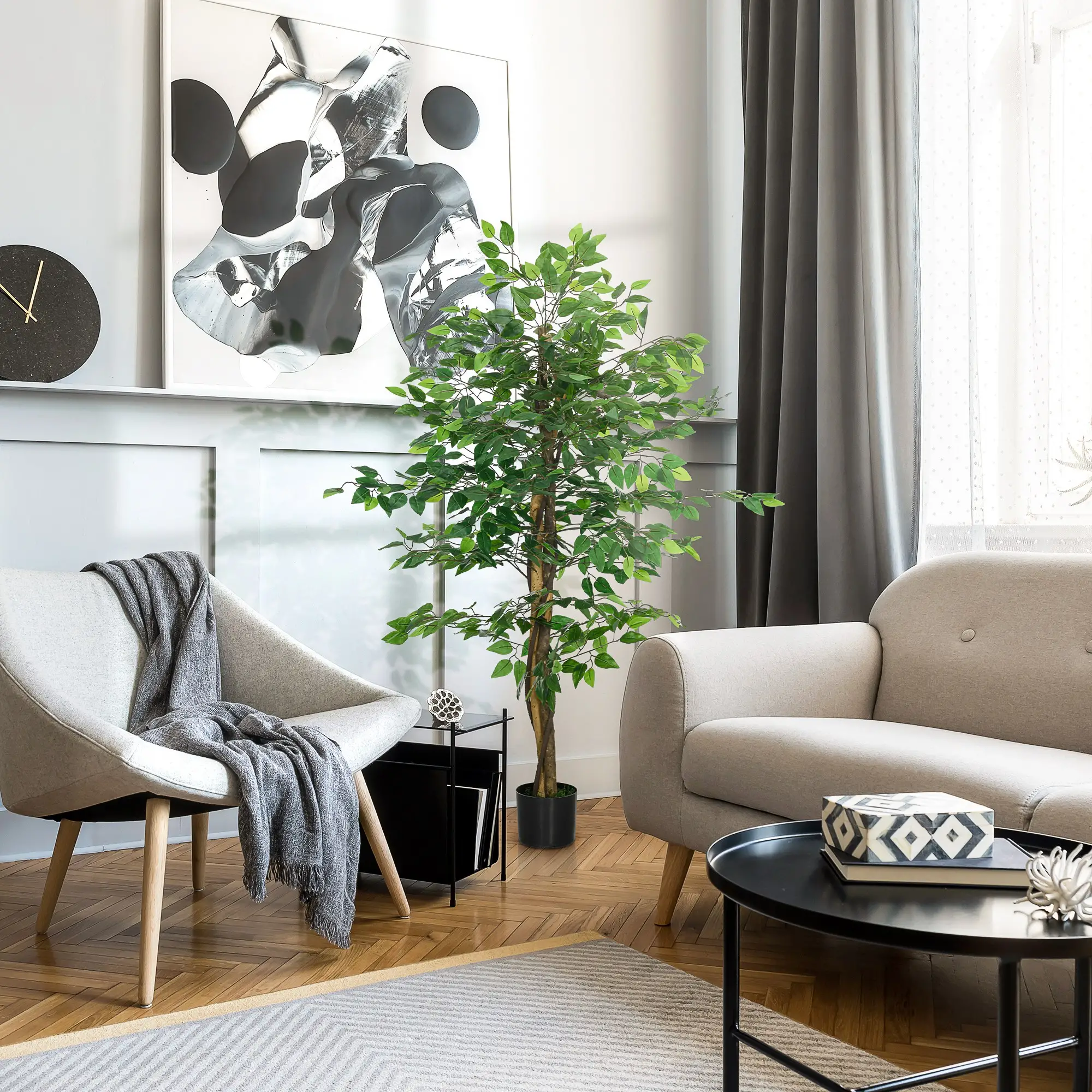 5ft Artificial Ficus Tree, Indoor Fake Plant With Pot - Image 8
