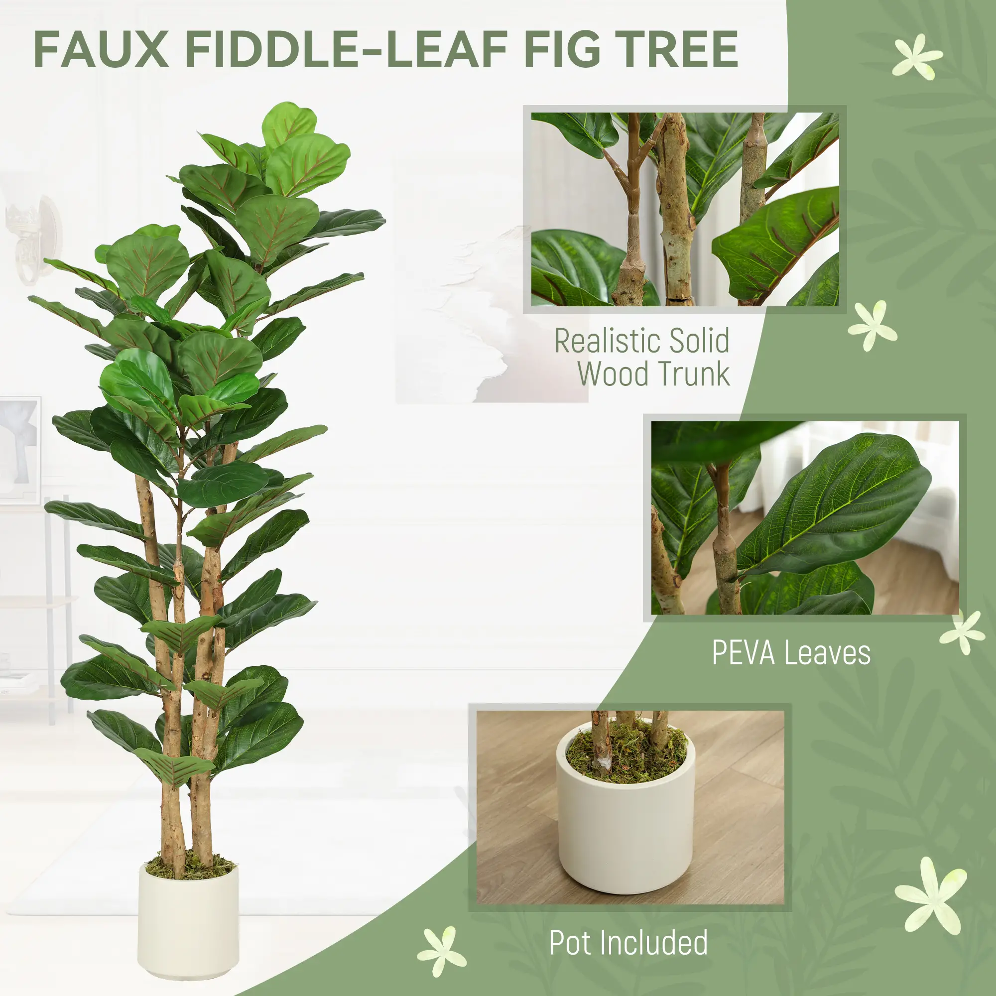 5FT Artificial Fiddle Leaf Fig Tree, Fake Potted Tree, Indoor Decor, Green - Image 4