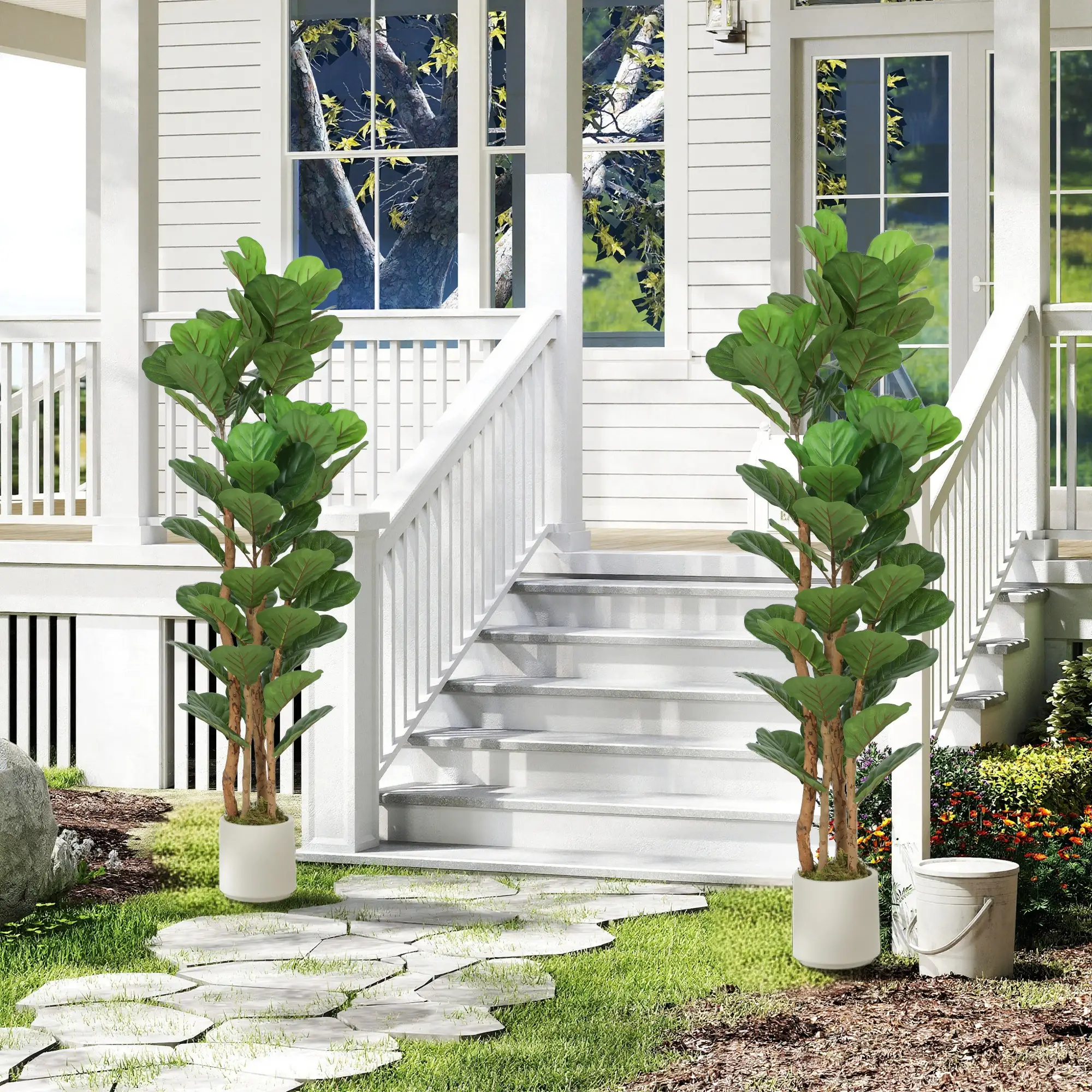 5FT Artificial Fiddle Leaf Fig Tree Set Of 2, Fake Potted Tree, Green - Image 2