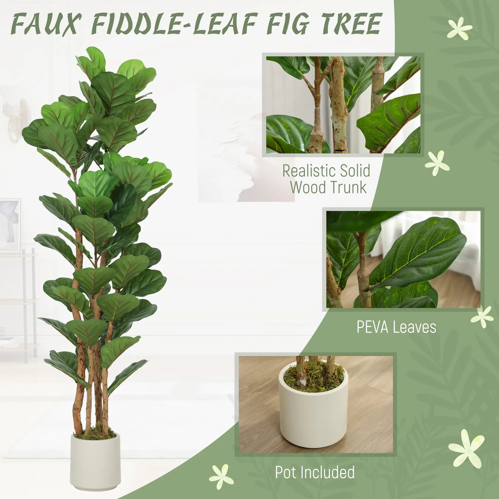 5FT Artificial Fiddle Leaf Fig Tree Set Of 2, Fake Potted Tree, Green - Image 4