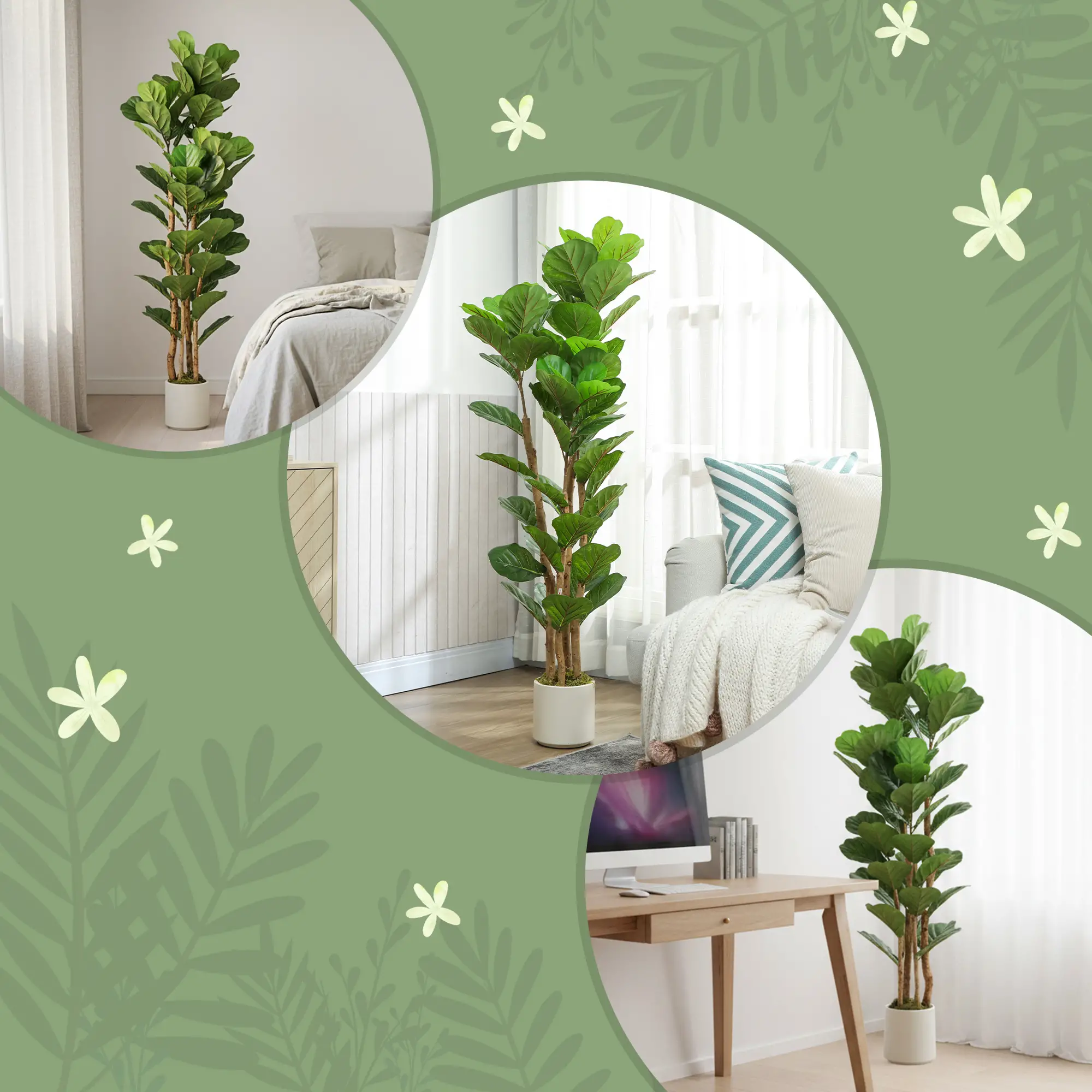 5FT Artificial Fiddle Leaf Fig Tree Set Of 2, Fake Potted Tree, Green - Image 7